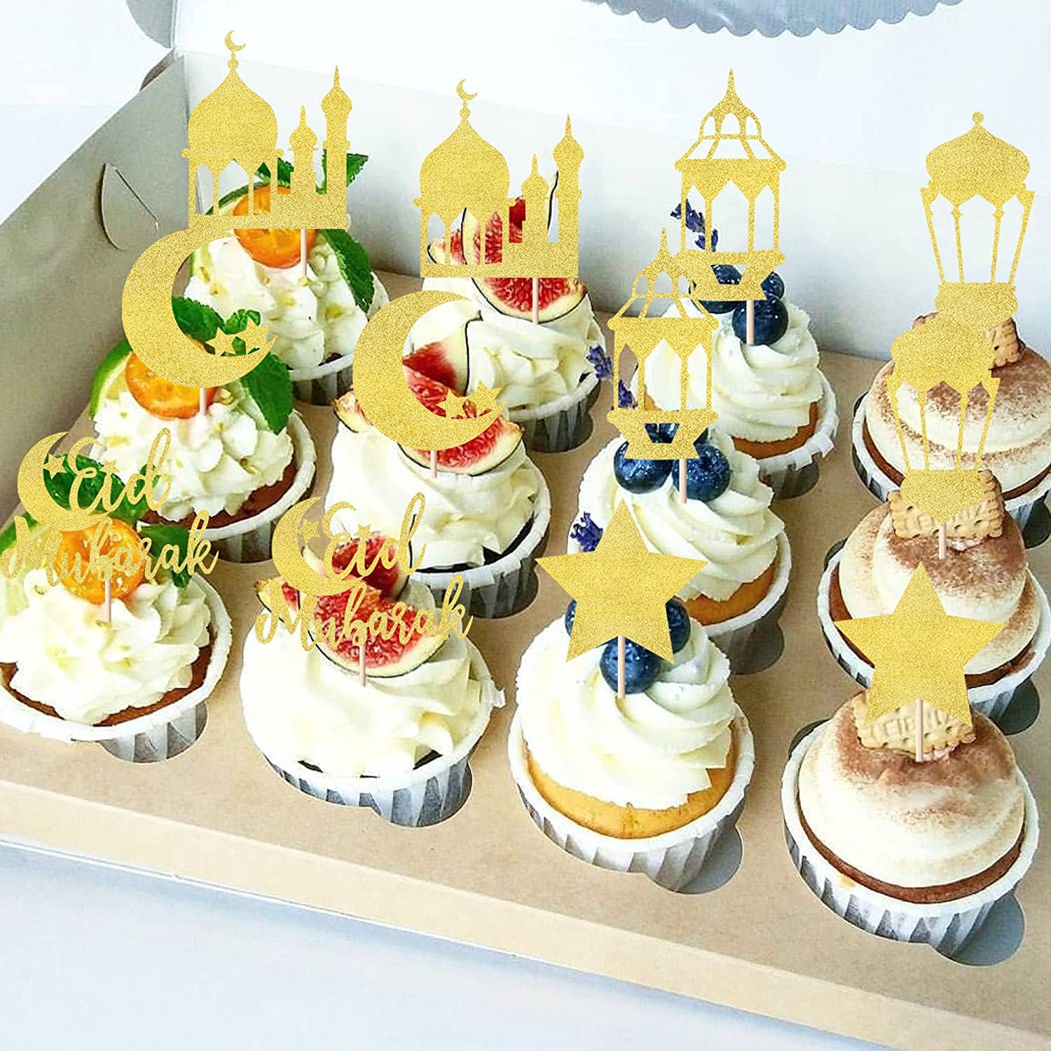 SYKYCTCY 24 Pack Eid Mubarak Cupcake Toppers Glitter Star Ramadan Kareem Cupcake Pick Moon Star Eid Islamic Muslim Theme Party Cake Decoration Supplies Gold - Image 4
