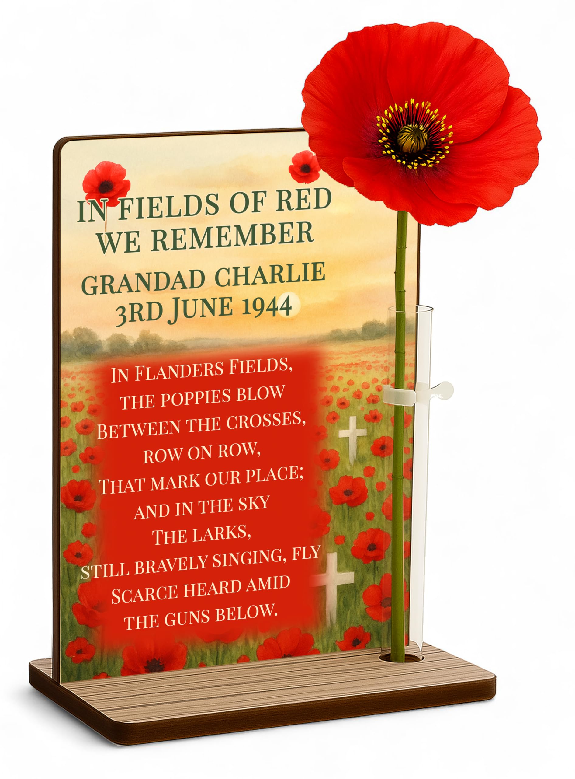 Personalised Remembrance Sunday Poppy Freestanding Memorial Lest We Forget Plaque Photo & Flower Holder (Fields of Red)