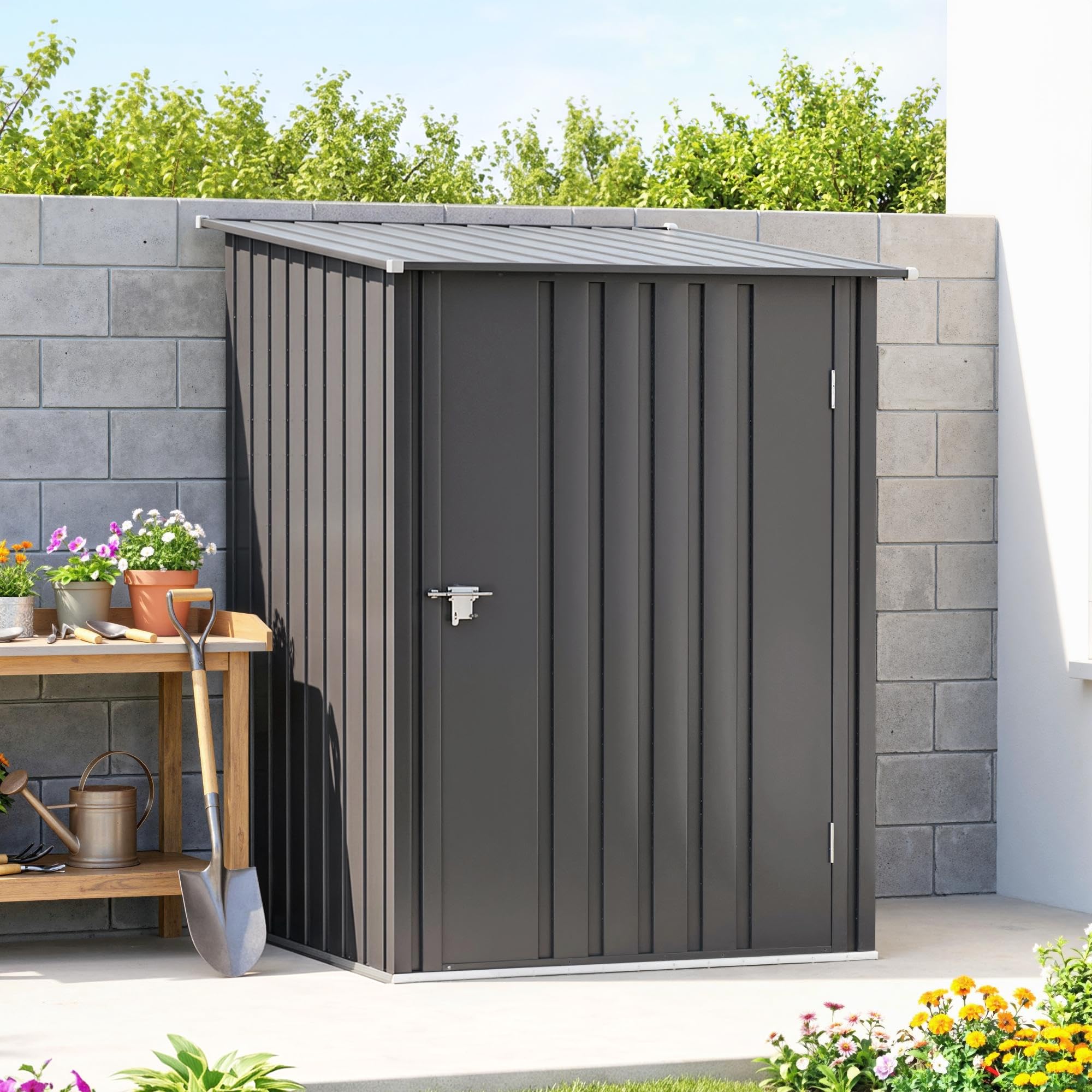 Outsunny Metall Gerätehaus 0,92 m² 100x103x160cm Geräteschuppen mit Pultdach Abschließbarer Tür Gartenhaus Outdoor Garten Schuppen Schrank für Hinterhof Außenbereich Dunkelgrau