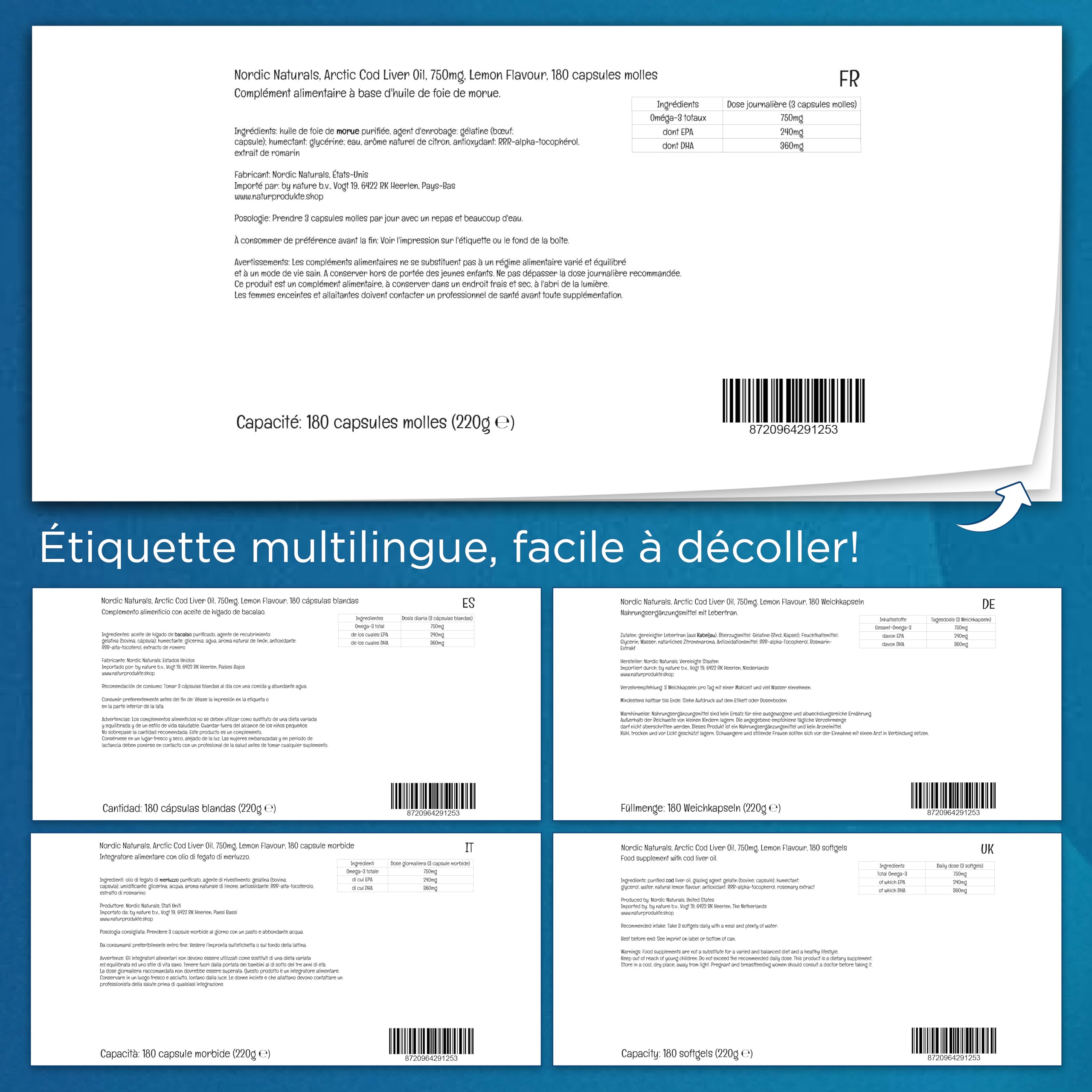 Nordic Naturals, Arctic Cod Liver Oil, 750mg d'Oméga-3 d'Huile de Foie de Morue, avec EPA et DHA, Goût Citron, 180 Capsules molles, Sans Soja, Sans Gluten, Sans OGM