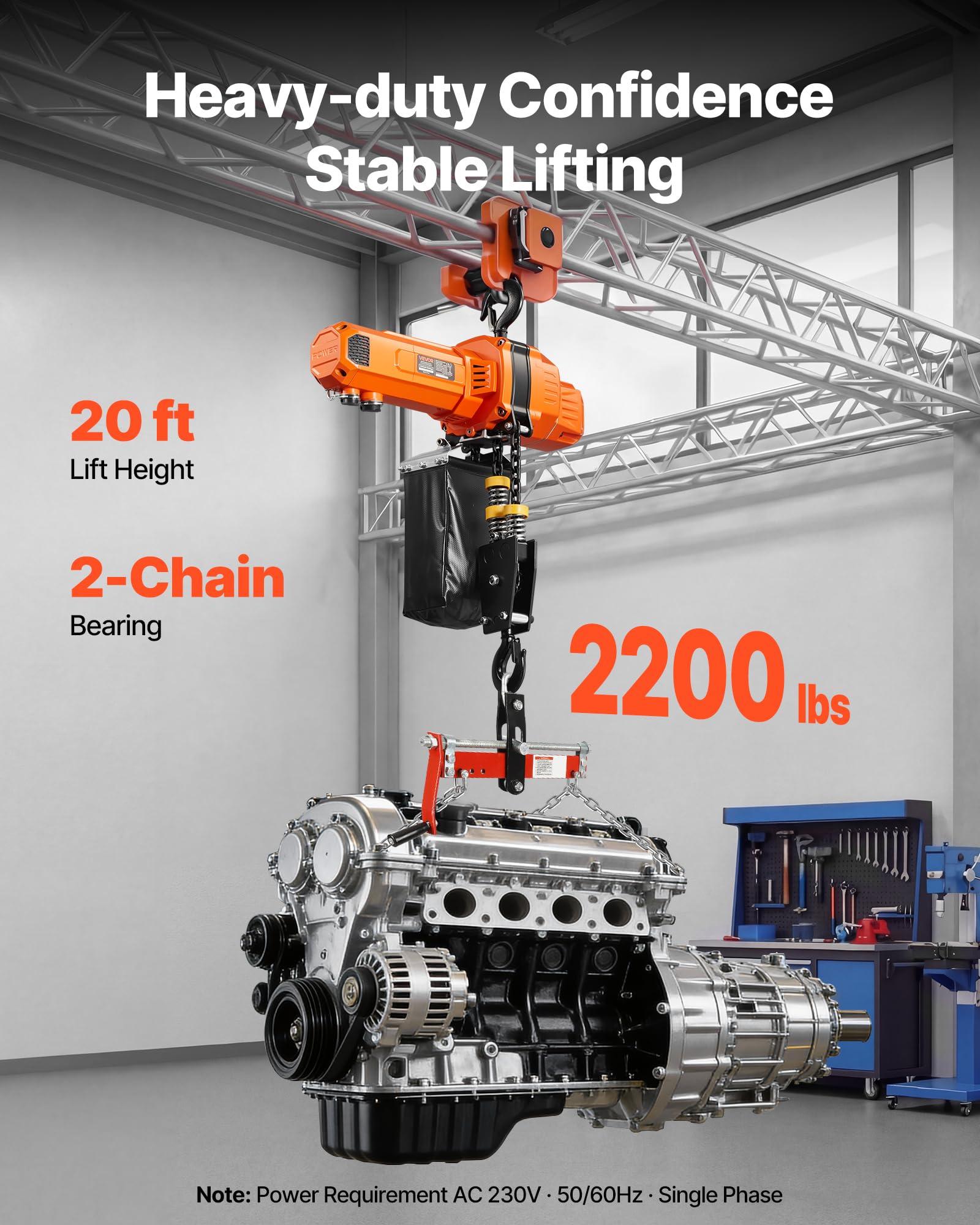 VEVOR Elektrischer Kettenzug 1000 kg, 6 m Hubhöhe, 230 V Einphasen-Brückenkran mit 4,5 m Kabelfernbedienung, G100-Kette, Notstopp, Elektrokettenzug für Fabriken, Lagerhallen, Garagen