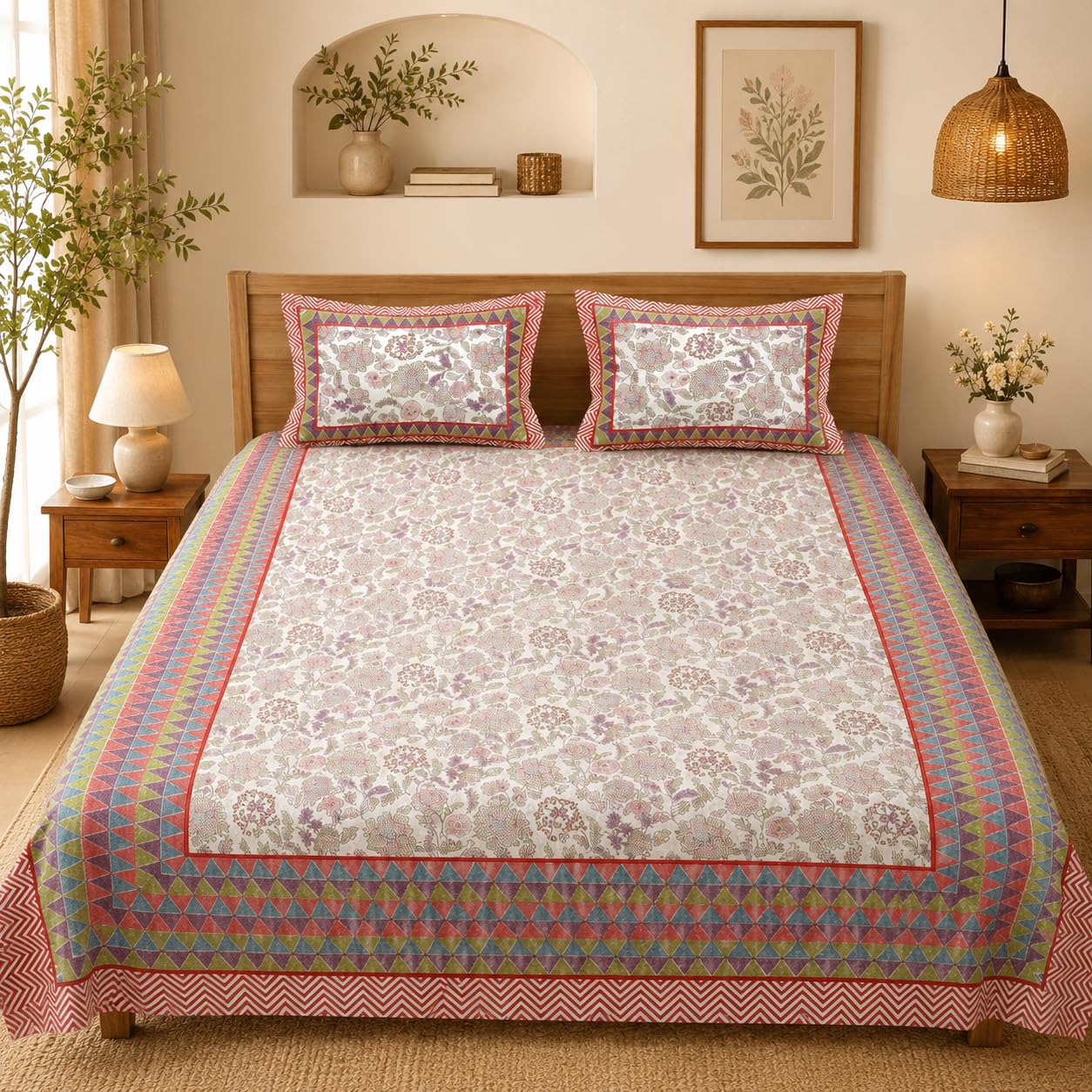 100 Percent Cotton King Size Bedsheet (93 x 108) with 2 Pillow Covers - Floral & Geometric Print-image-3