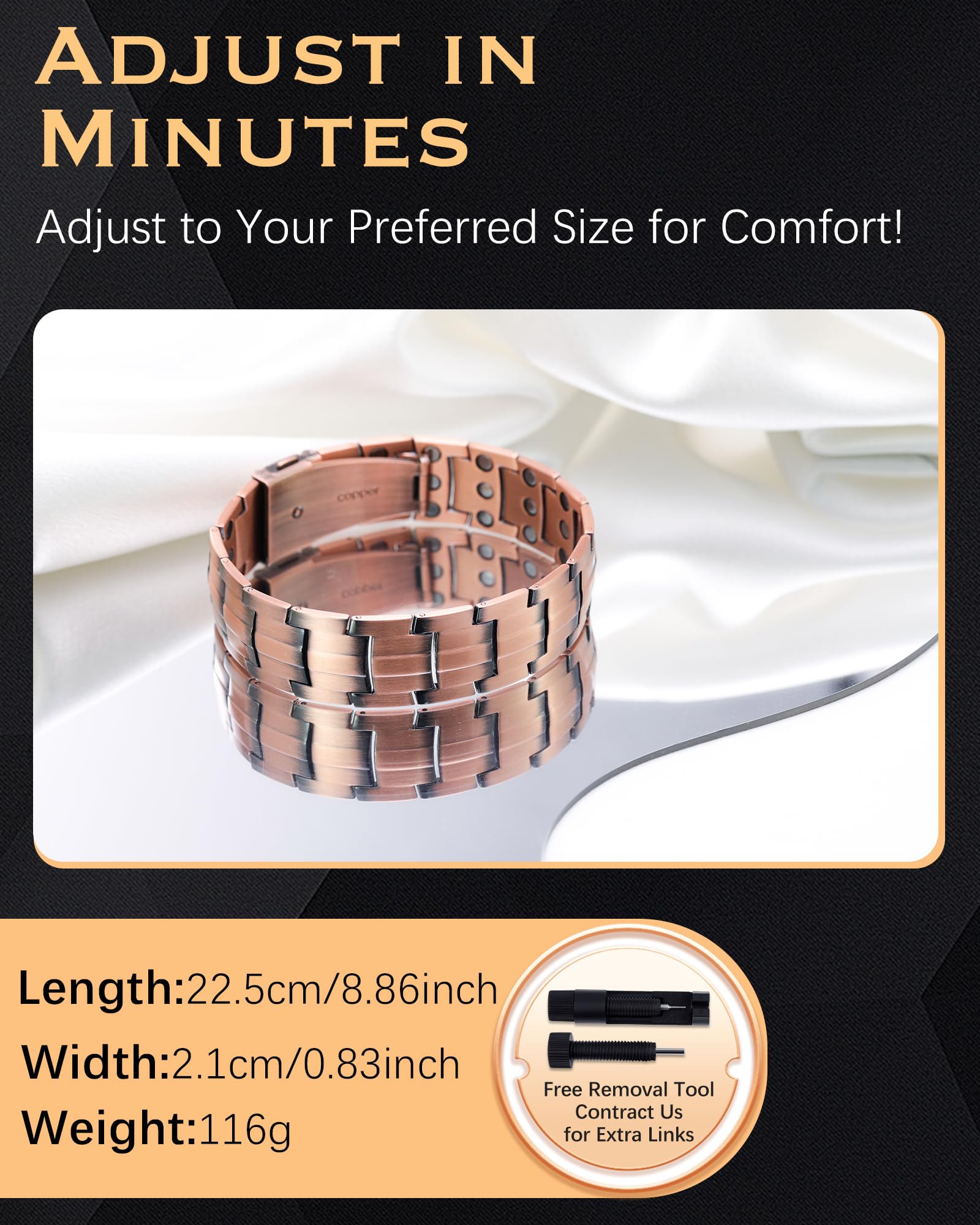 Jeracol Bracelet magnétique pour homme avec aimants de 3500 gauss, outil de retrait de maillons et coffret cadeau