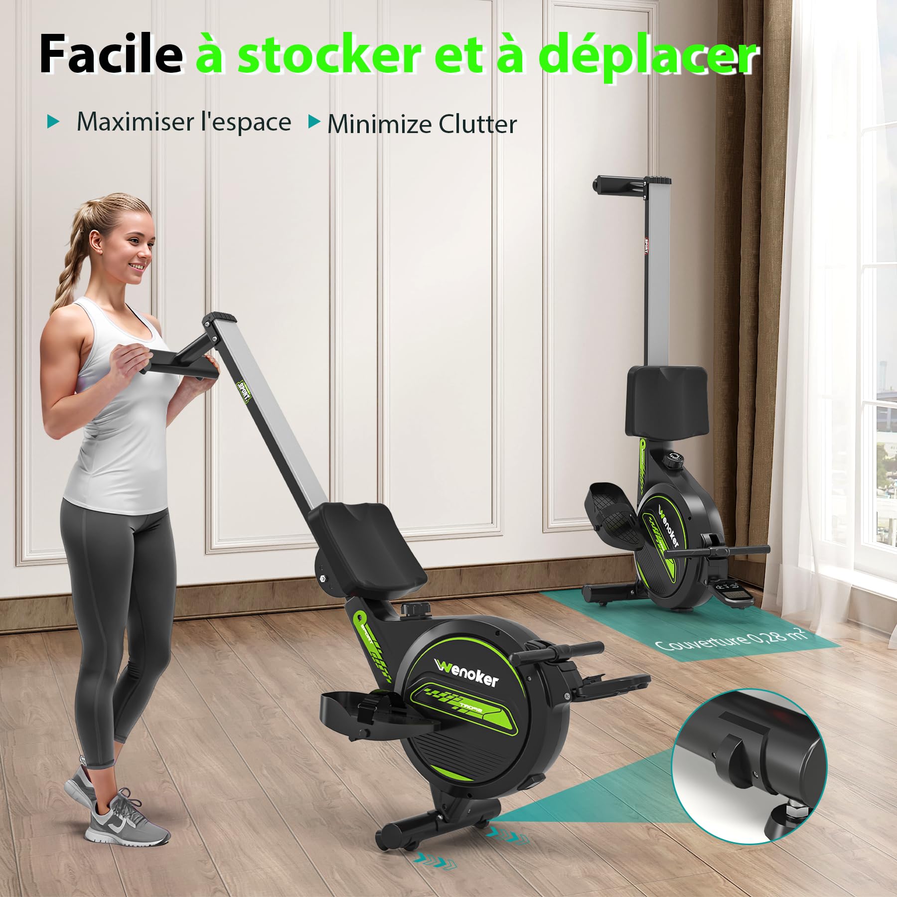 WENOKER Rameur Musculation D'appartement, Rameur Magnétique Silencieux, Glissières Doubles améliorées, Ultra Silencieux, LCD-Datenanzeige, Capacité Maximale 160KG