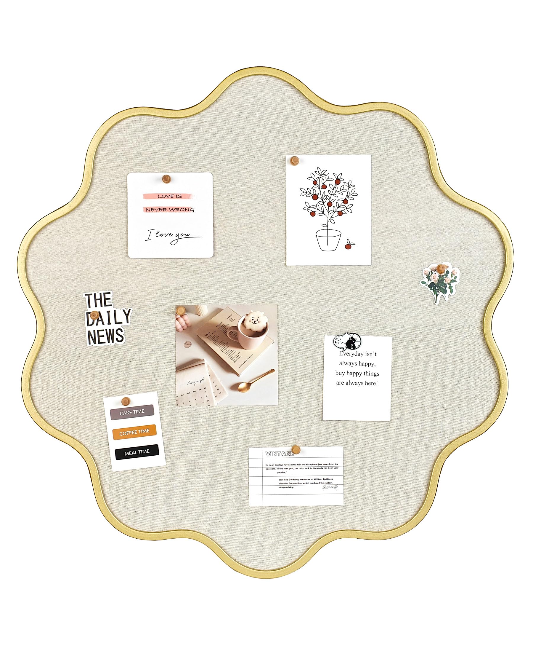 Umtiti Round Wavy Bulletin Board for Wall, 60 cm Decorative Linen Cork Board with Gold Metal Frame, Scalloped Pin Board for Photos, Notes, Vision Board, Bedroom, Office & Entryway Decor