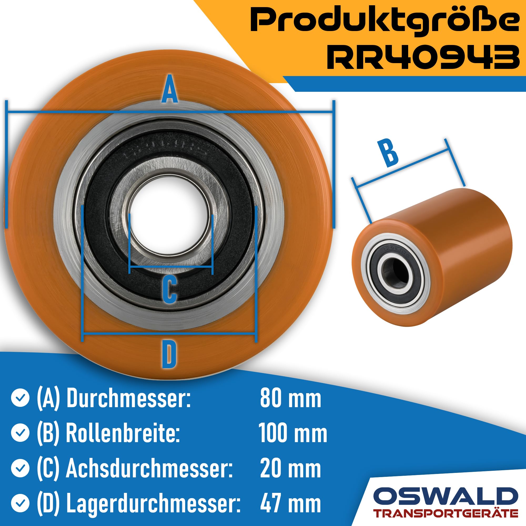 Hubwagen Rolle Polyurethan braun 80 x 100 mm, Achse 25 mm - Ersatzrolle inkl. Kugellager