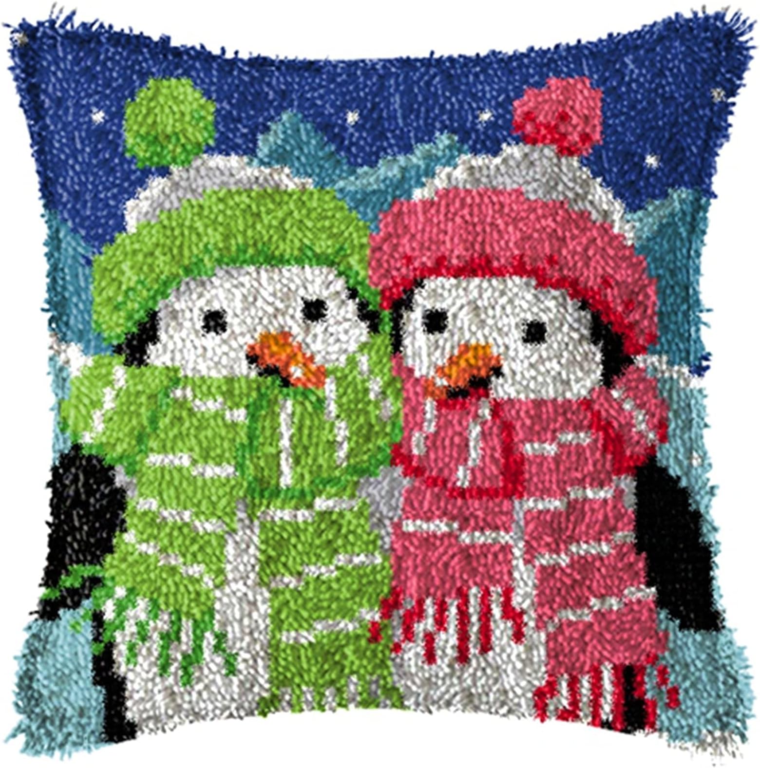 Ylkgogo Latch Hook Kits DIY Throw Pillow Cover with Printed Penguins Canvas Needle Craft for Kids and Adults Home Decoration 17" X 17"