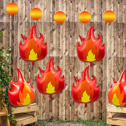 Miniatura 4 de 6 piezas de suministros para fiesta de cumpleaños de camión de bomberos, globos de llama de fuego de 32 pulgadas, decoraciones de papel de aluminio