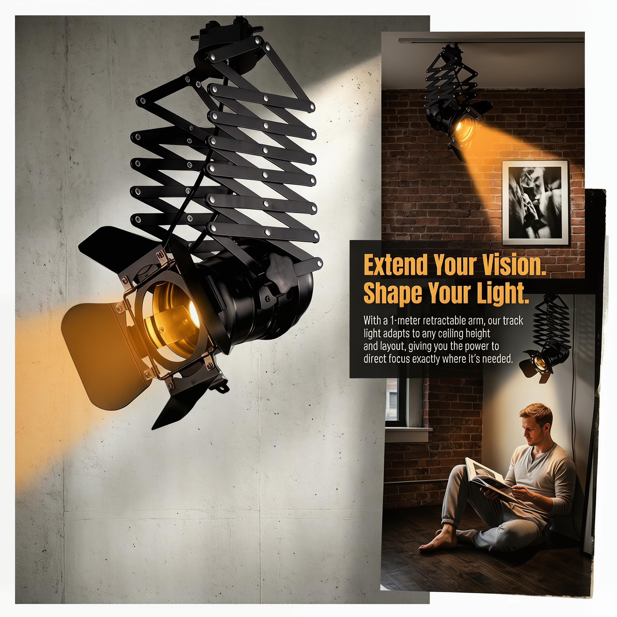 BARCELONA LED Foco de Carril Monofásico E27 Orientable Extensible Cinema Lámpara Estilo Cine Vintage Industrial Aluminio Negro Iluminación Direccional