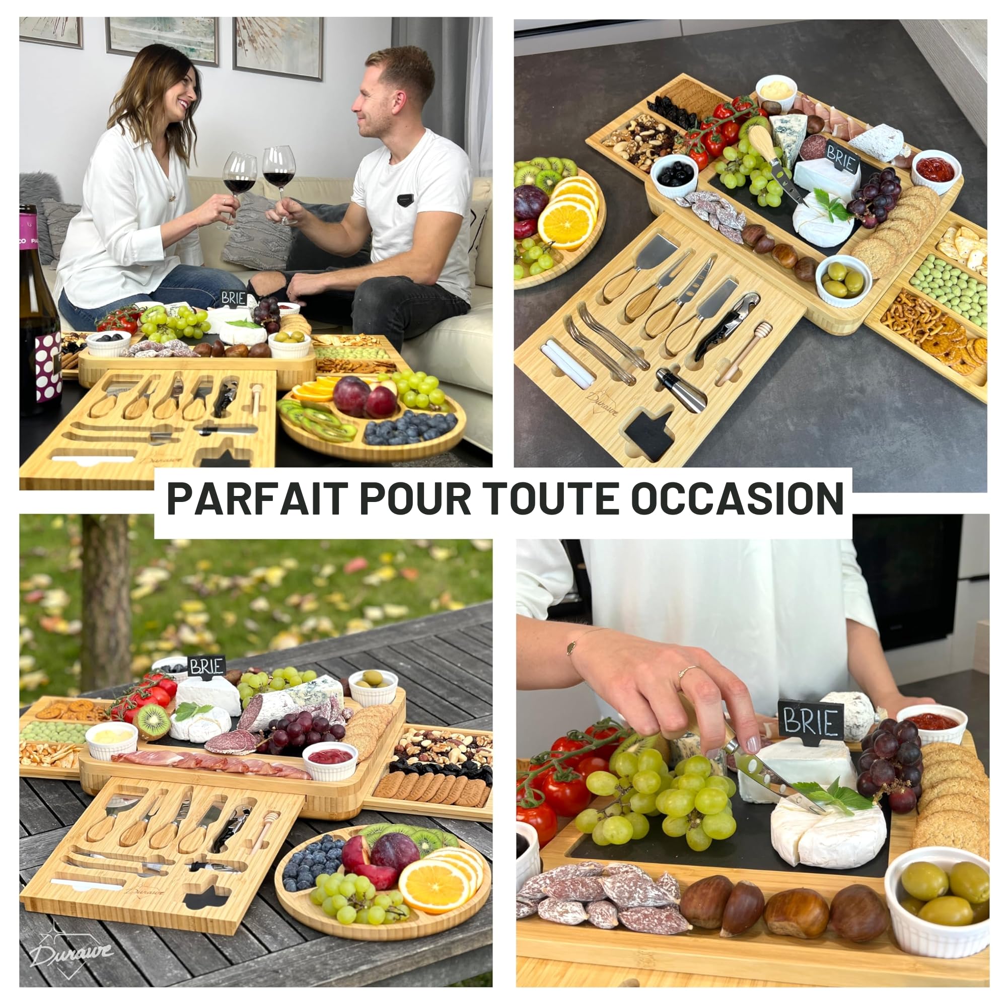 Plateau à Fromage en Bambou, Set de Couteaux, Bols en Céramique et Ouvre-vin - Plateau Charcuterie Bois, Choix Parfait pour Gourmets, Cadeaux d'anniversaire, Cadeaux de Noël pour Femmes, Très Grand