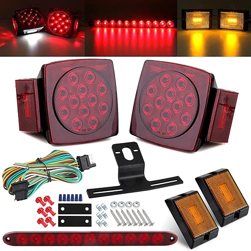 Kit de cableado de luces LED para remolque de 12V, combinación LED cuadrada de parada, giro y cola con marcador ámbar, barra de luz trasera de 3er