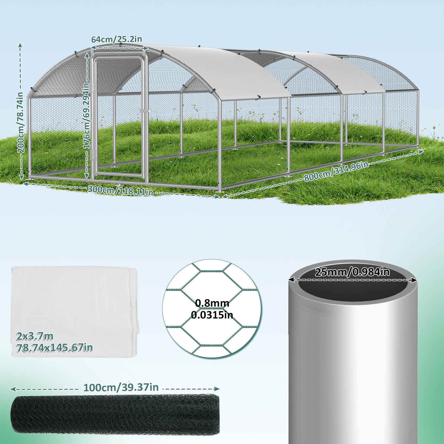 Hühnerstall Freilaufgehege Verzinktem Stahl, 3x8x2m Outdoor Hühnerhaus Dome Roof mit Schloss und Wasserdichtes PE Gewebe, für Hühnerkäfig Vogelkäfig Kleintiere