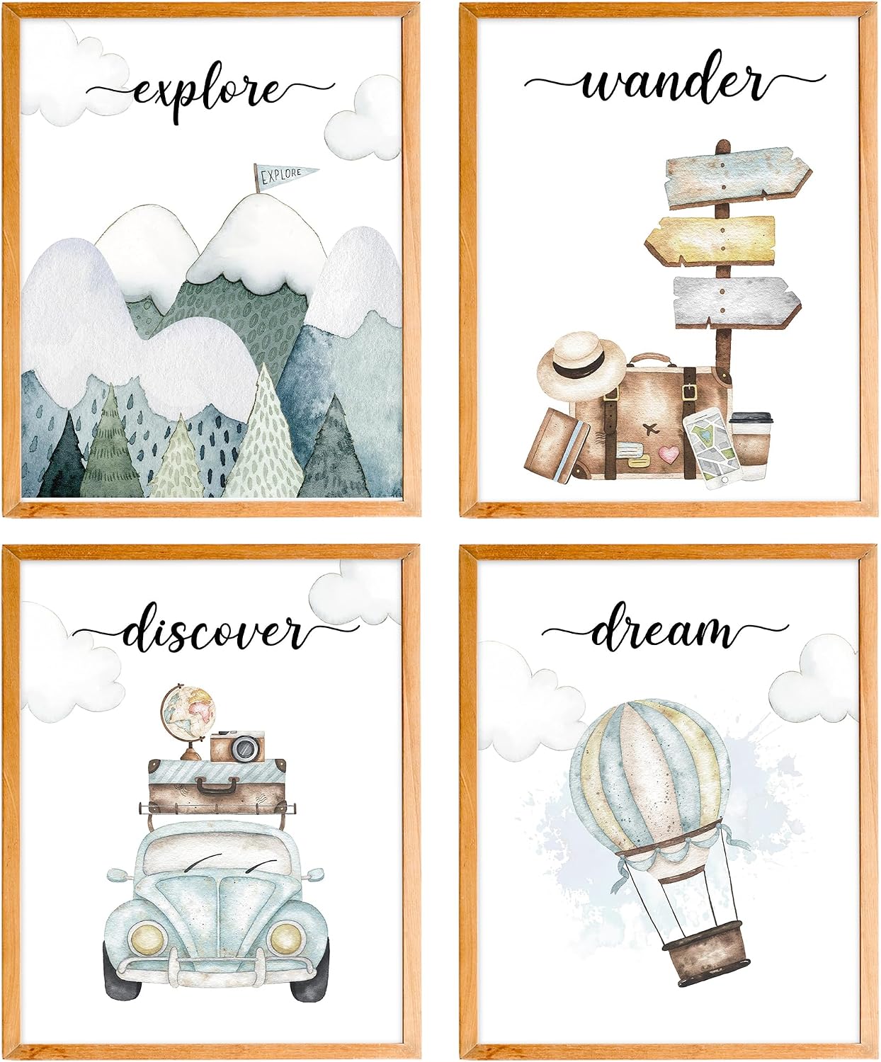 BearCake Nursery Travel Wall Art Set of 4, Watercolor Woodland Mountain Hot Air Balloon Car Wall Decor Poster Prints for Baby Toddler Boy Girl Room Nursery Playroom, 8x10 Inches