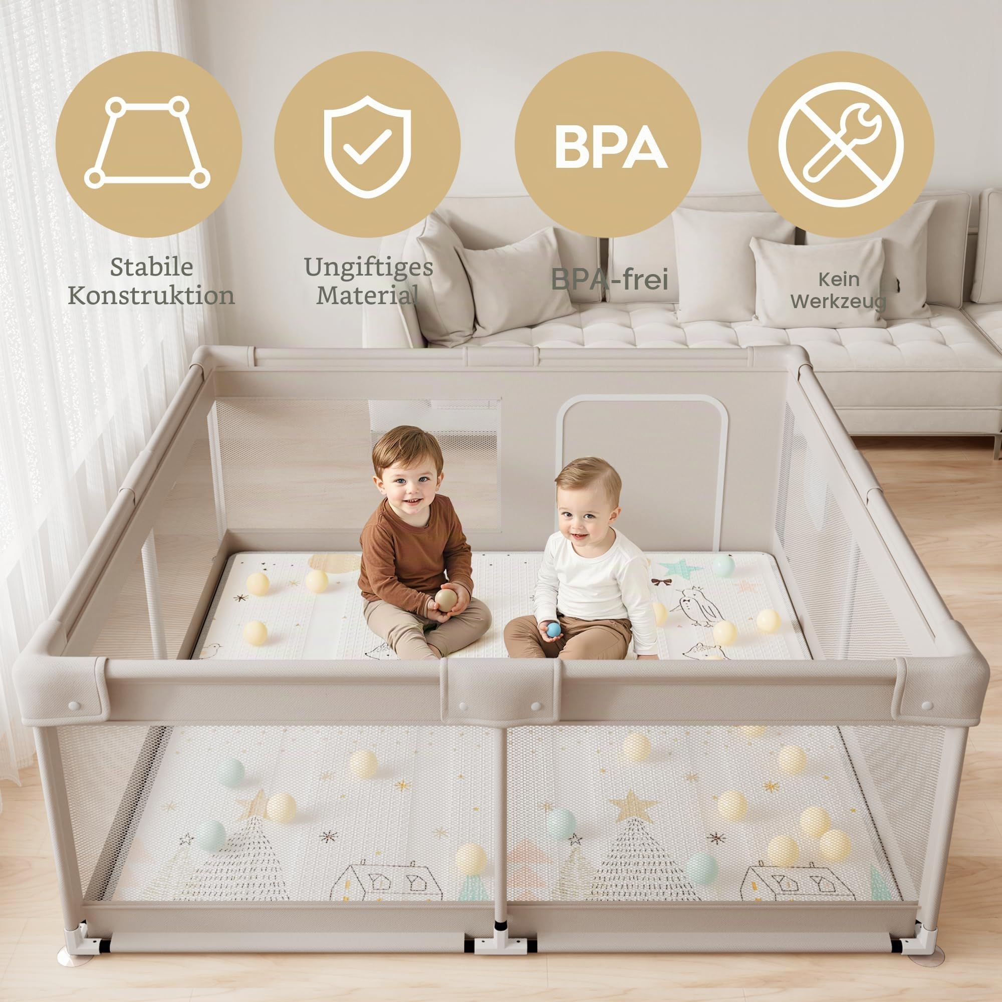 Laufstall Baby 150×150cm - XXL Laufgitter Baby mit Spielmatte, Laufgitter mit Atmungsaktivem Netz an Vier Seiten und Saugnäpfen