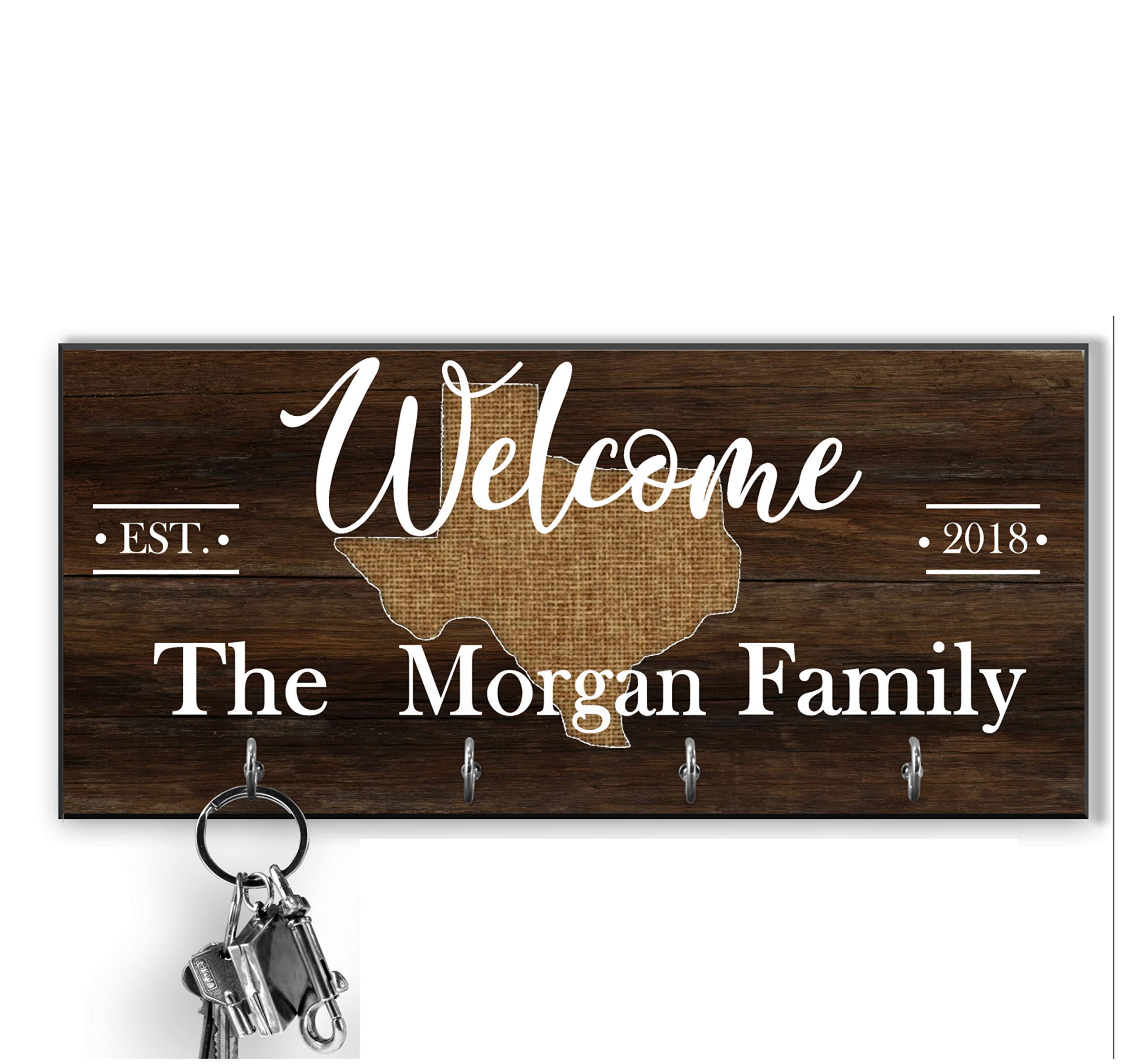 Home With City And State Color Key Holder for wall, Personalized brown family key hanger, Custom last name key hanger, Personalized Wall Mount Key Rack, Housewarming Gift, State home key hanger