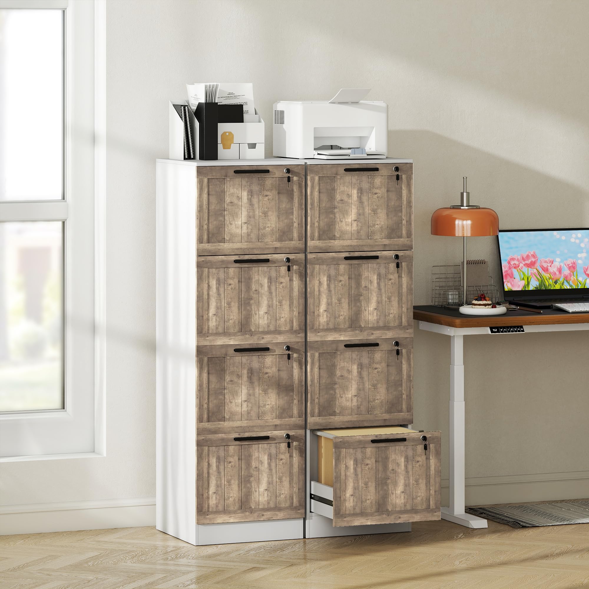 HOMCOM Armoire à tiroirs de Bureau avec 4 tiroirs Armoire à tiroirs de Bureau avec Serrure 2 clés Barres de Suspension pour A4 Lettre à dossiers Mobile pour 39,4x40x129 cm Blanc & Bois