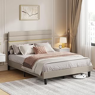 Double Bed Frame, for 135 x 190 cm Mattress, Adjustable Upholstered Headboard, Metal Frame, Wooden Slats, Modern, Cappuccino Beige RMB506LH01