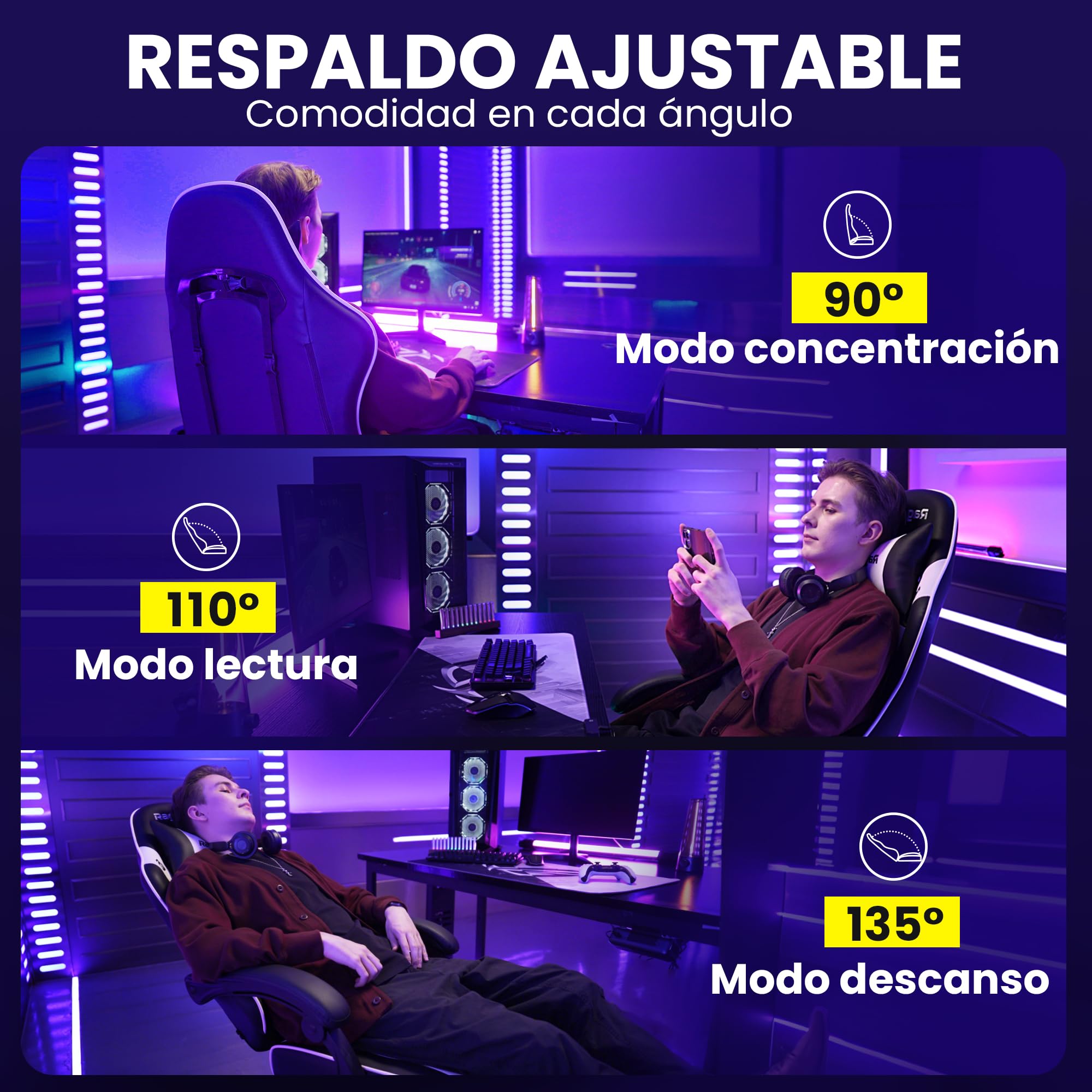 Silla de Gaming – Silla ergonómica para Gamer con reposapiés, reposacabezas y Soporte Lumbar, Altura Regulable, Acolchada, 150 kg, soporta hasta 150 kg, Color Negro