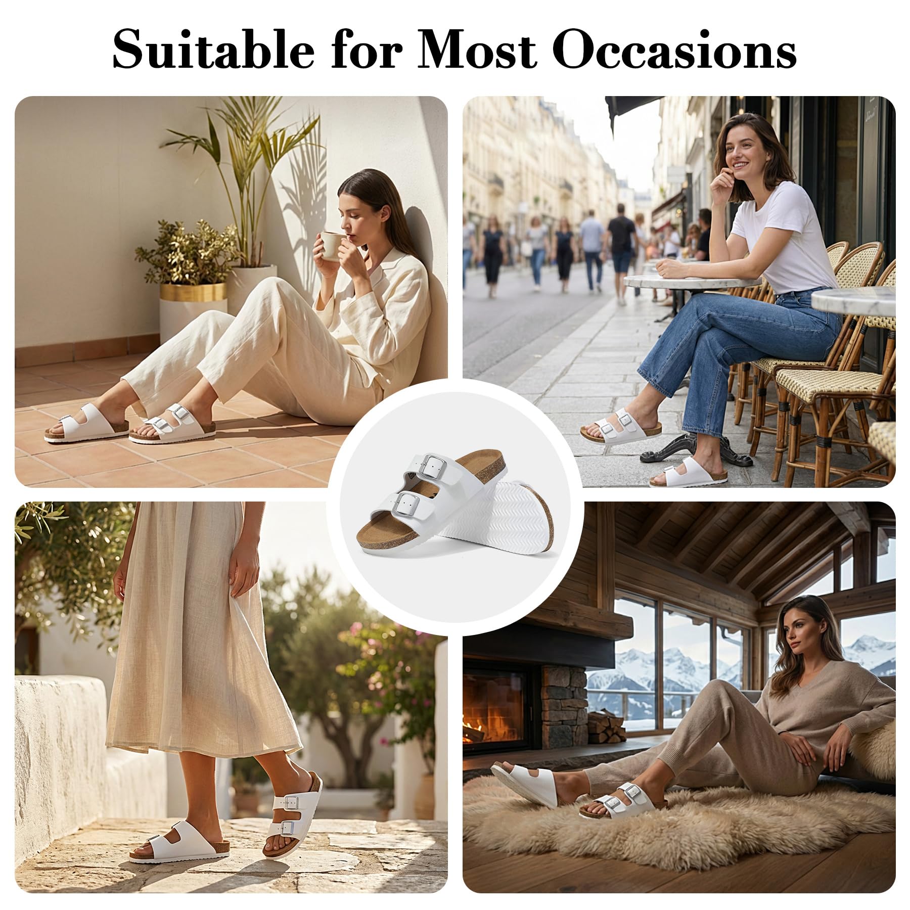 Sandalias y Mules Mujer con Dos Hebillas Ajustables Comodas Cuero Sandalias Planas de Corcho, Ligero Sandalias Ortopedicas con Arch Fit Antideslizante Zapatillas con Punta Abierta 36-42EU