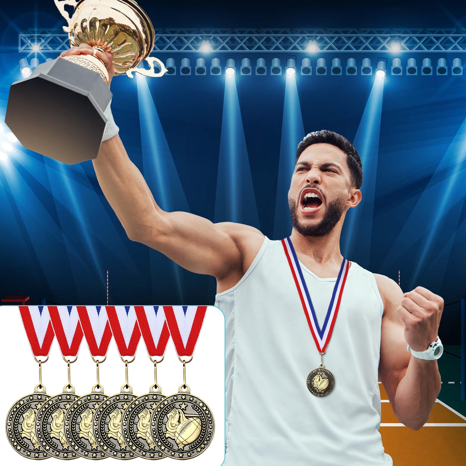 Goldmedaillen mit Halsbändern, Gewinnerpreis, Geschenk für Teamsport, Teilnahme, Partyzubehör, 48 Stück