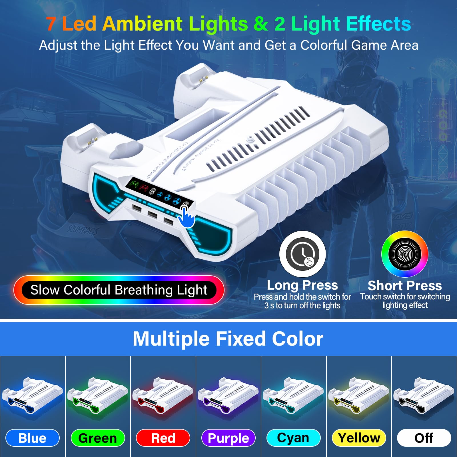 ZRZLMVP PS5/Slim/Pro Controller Stazione di ricarica per console PlayStation 5 Disc/Digital, accessori PS5 con luce RGB, stazione di ricarica del controller, 3 hub USB, bianco
