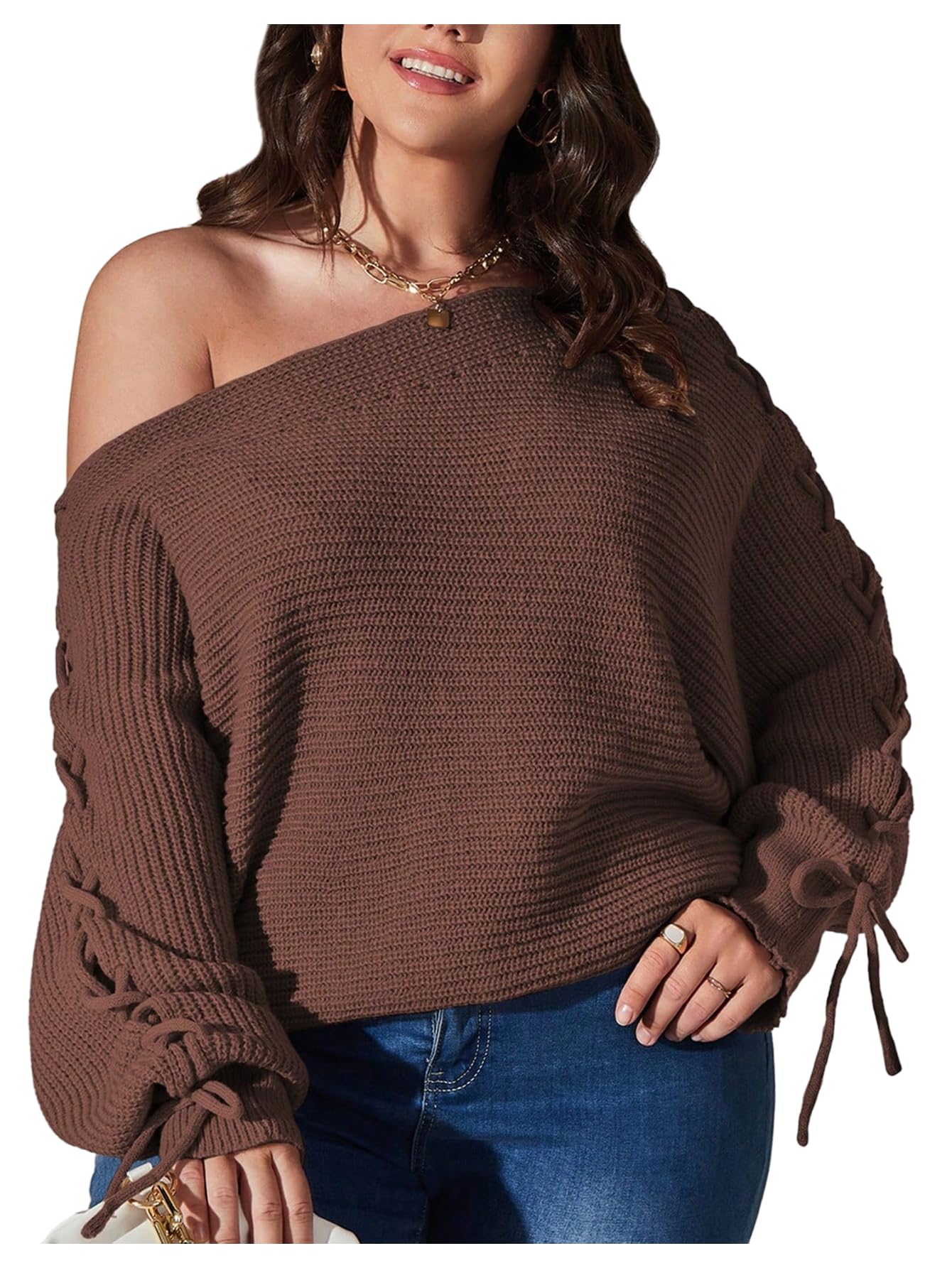 MakeMeChic Womens Sexy Plus Size Lace Up Sweater Goth Asymmetrical Off The Shoulder Sweater