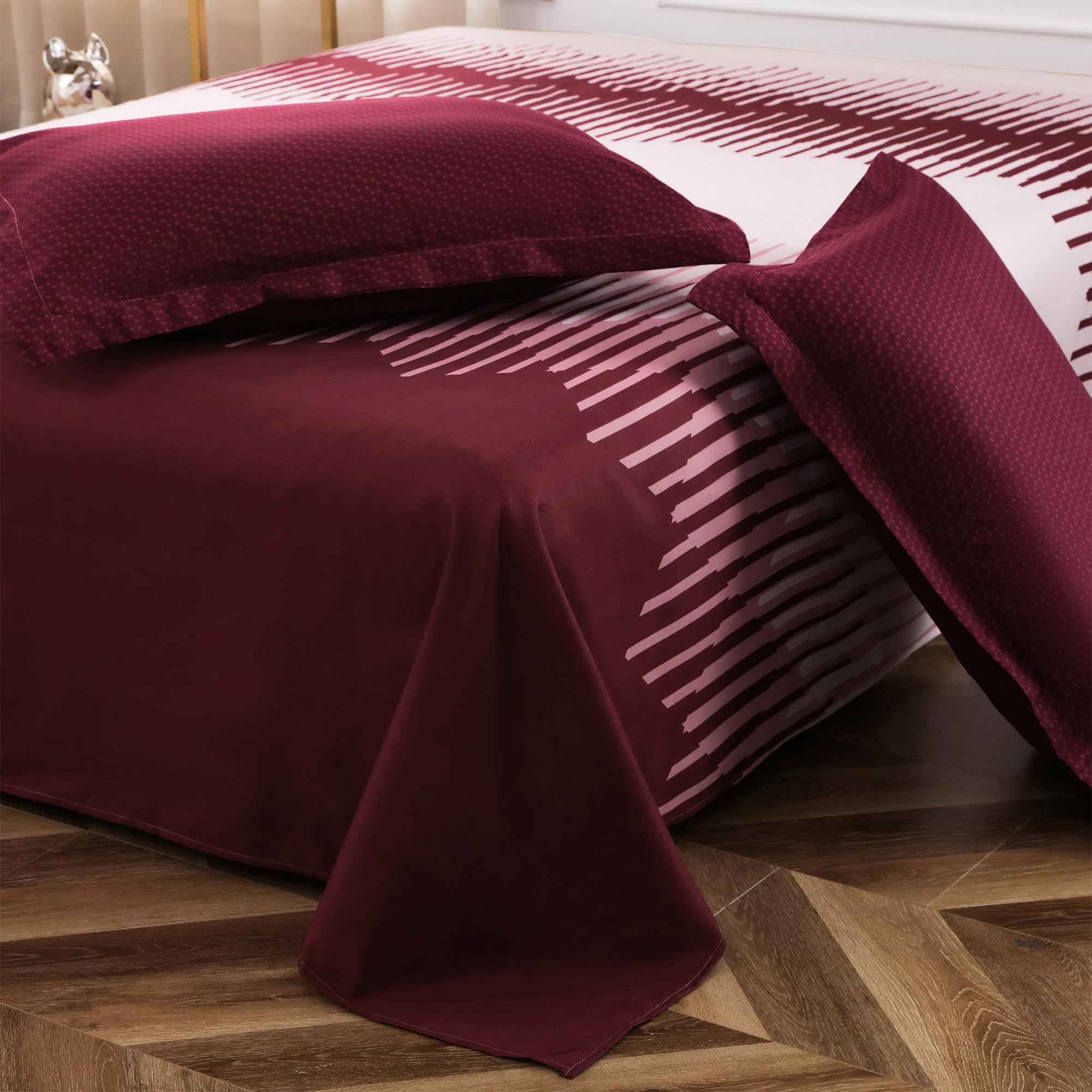 Story@Home Bedsheet Double Bed 240 TC Satin Finish Microfiber Flat Sheet with Two Pillow Covers, Soft Bedsheet for Double Bed Geometric Bedsheets 235 x 250 cm, Maroon-image-46