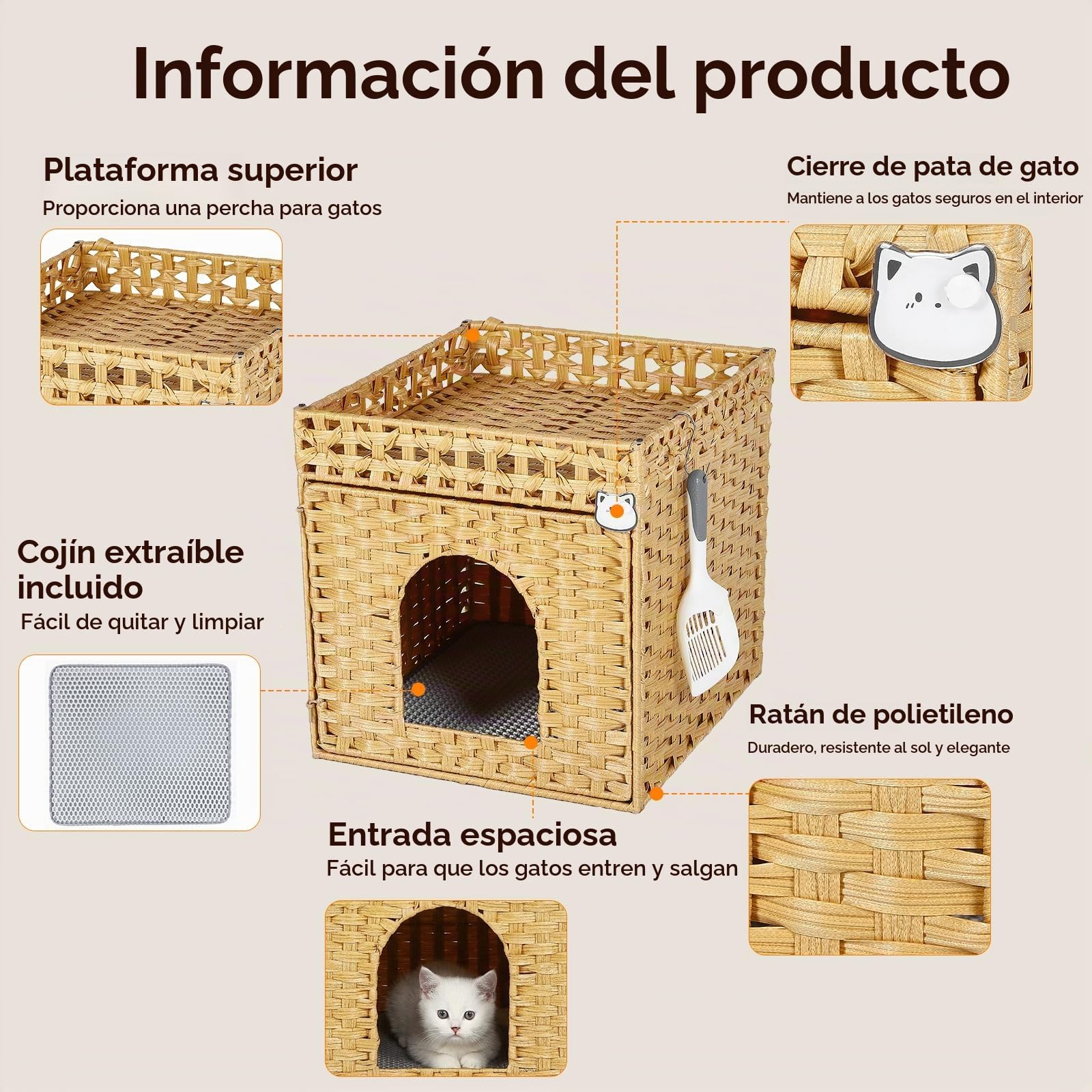 Caja De Arena para Gatos, Casa para Gatos Tejida A Mano En PE RattáN con Alfombra Y Ganchos S, Mueble De Caja De Arena Oculta para Sala, Dormitorio Y BalcóN, 47X52X59 Cm, Natural