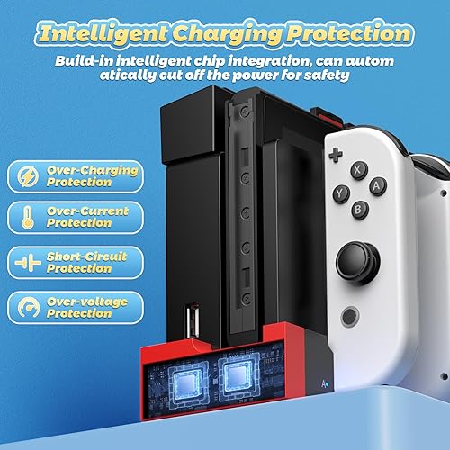 Miniatura 6 de FastSnail Cargador compatible con Nintendo Switch para Joy con, base de estación de carga y soporte de almacenamiento para tarjetas de juego con 28