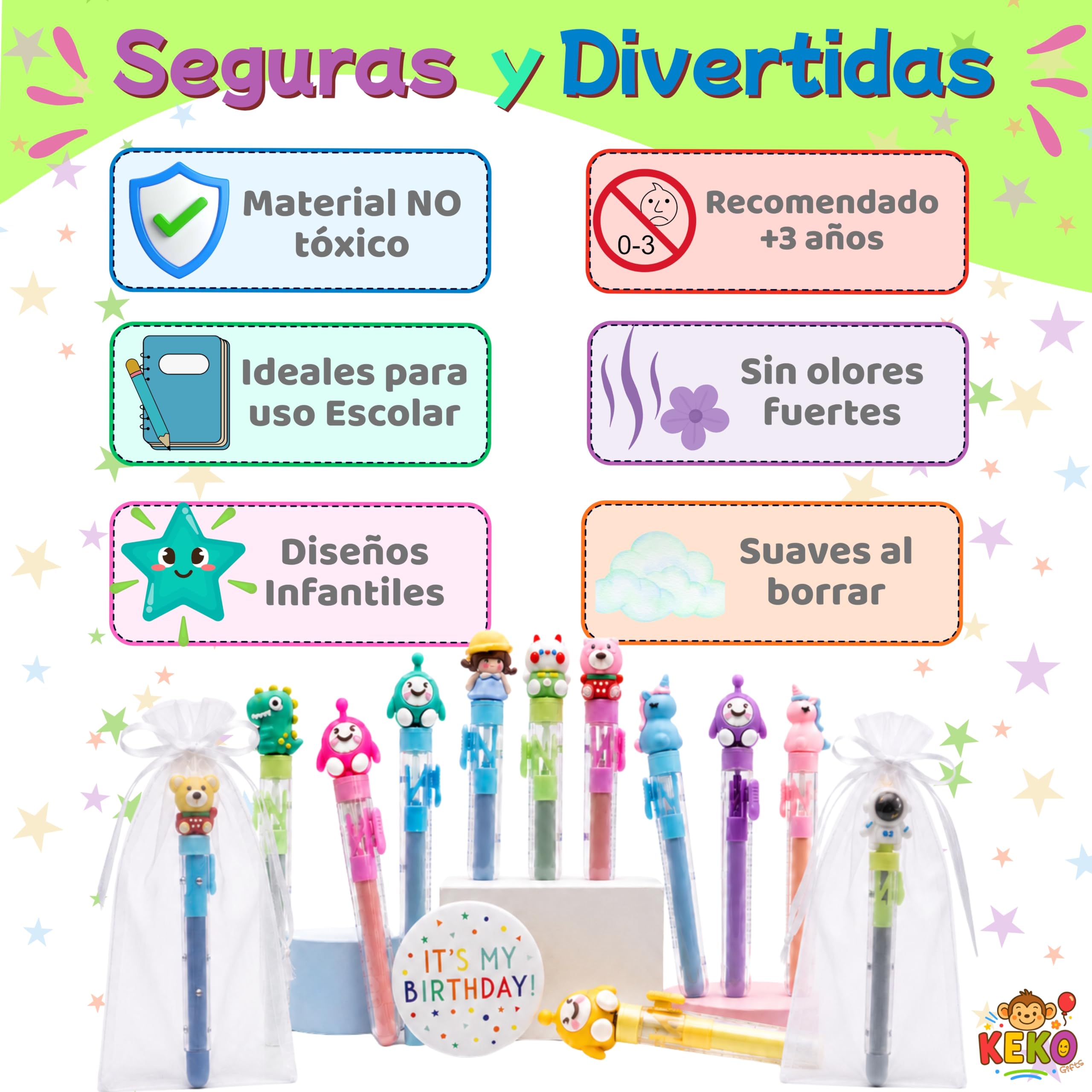 KeKo Pack 30 Gomas de Borrar Divertidas, 30 Bolsas,1 Chapa Cumpleañera, Pack Regalos Cumpleaños Niños Colegio, Detalles Cumpleaños Niños Infantil, Regalos Alumnos Primaria, Relleno Piñata Infantil