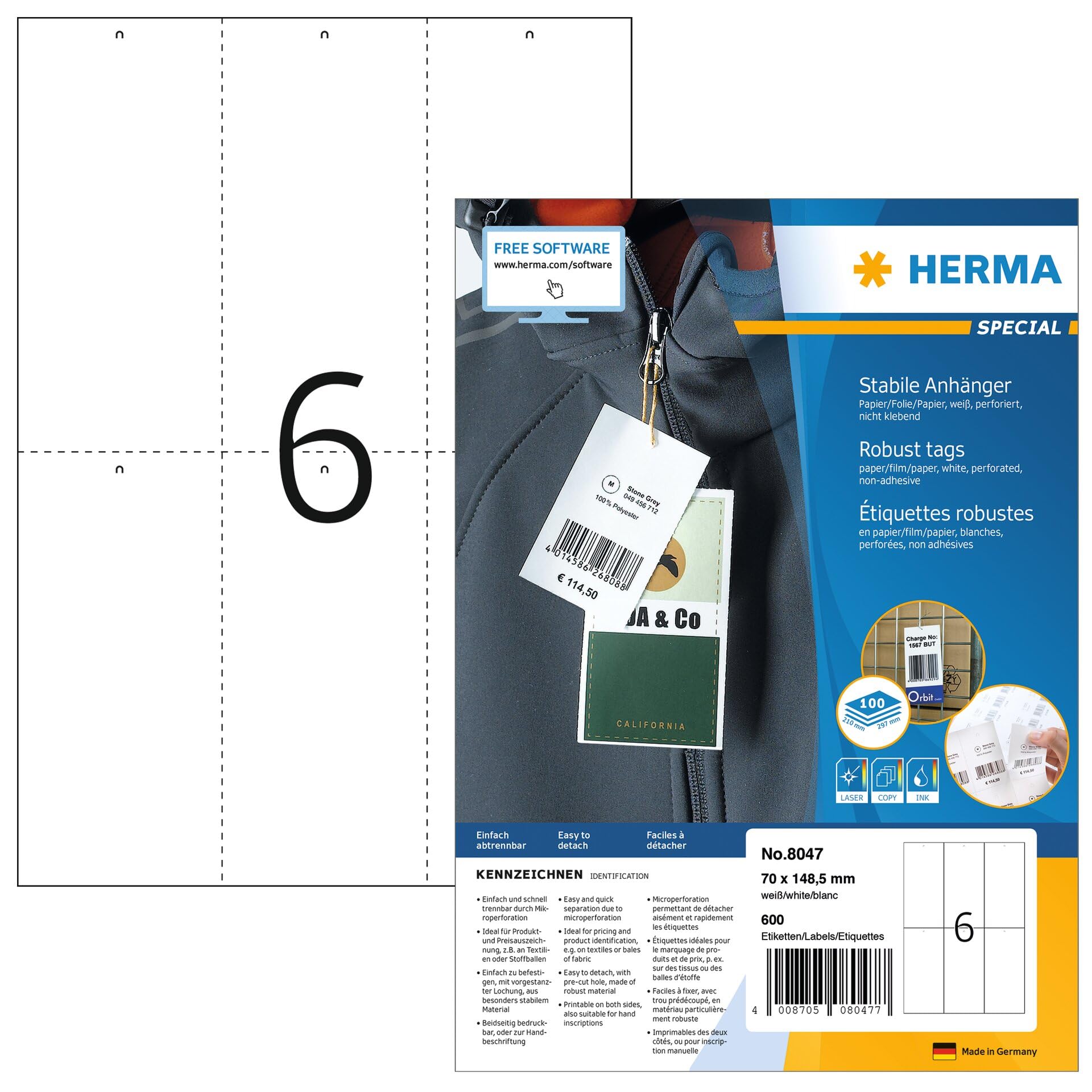 HERMA 8047 stabilna zawieszka DIN A4, zestaw 14 sztuk (70 x 148,5 mm, 1400 arkuszy, papier/folia/kompozyt papierowy), perforowana, do drukowania, nieklejąca, cena 8400 zawieszek, kolor biały