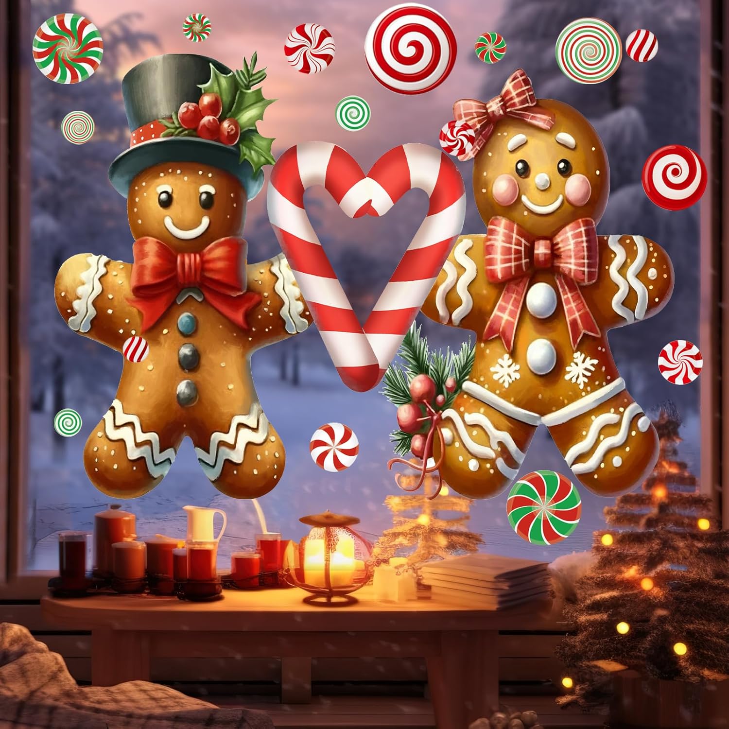 Christmas Window Clings Decorations:Extra Large Gingerbread Man Window Clings Watercolor Rustic Xmas Stickers for Kids Home Office School Winter Holiday Décor Christmas Decorations