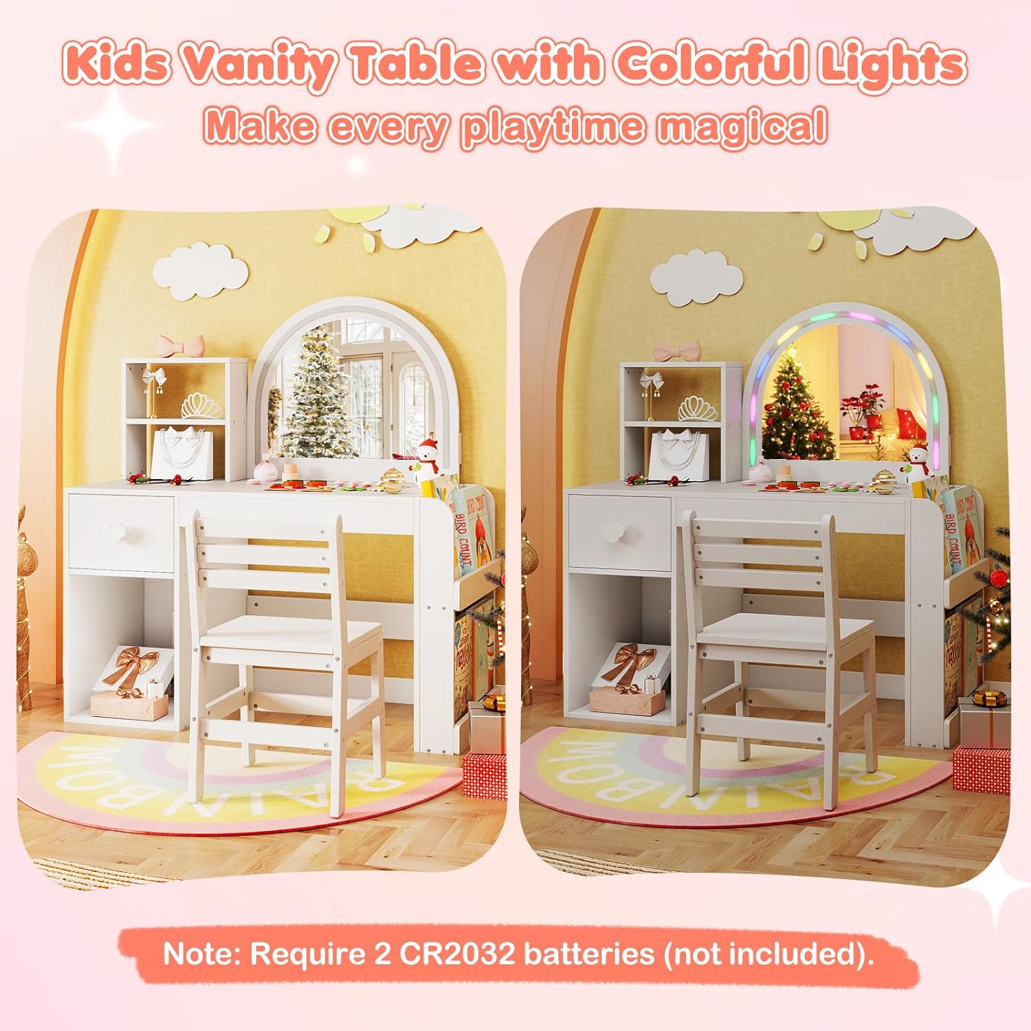 Image showing the vanity mirror with LED lights both off and on, with a note about battery requirements.