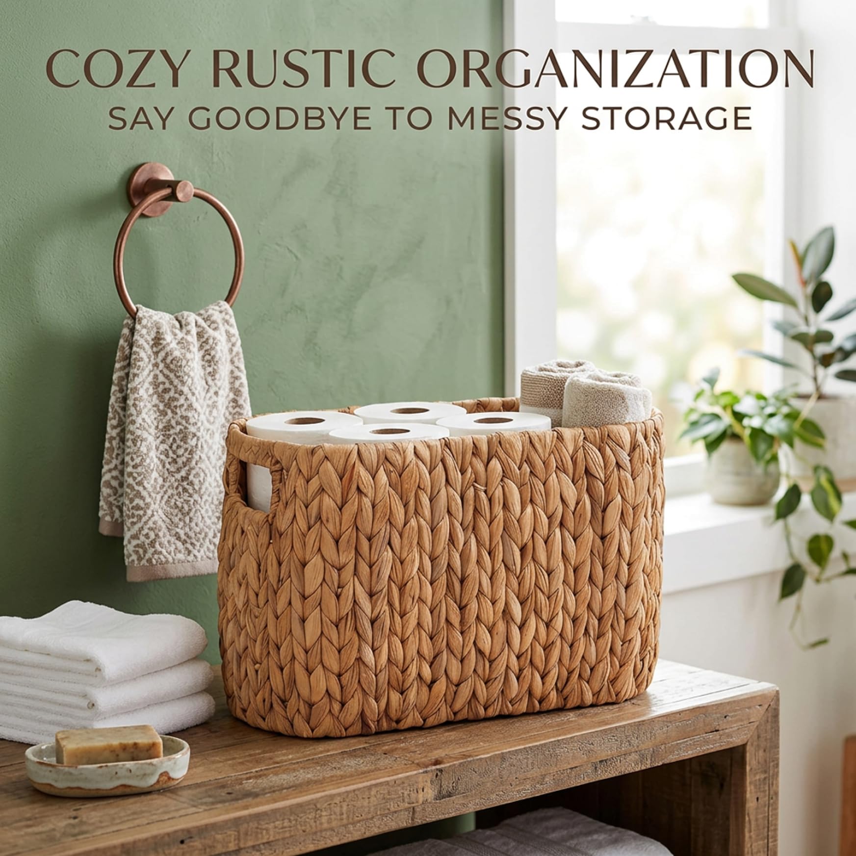 Panier de rangement pour papier toilette, paille naturelle avec poignée, peut contenir 6 rouleaux pour l'organisation de la salle de bain