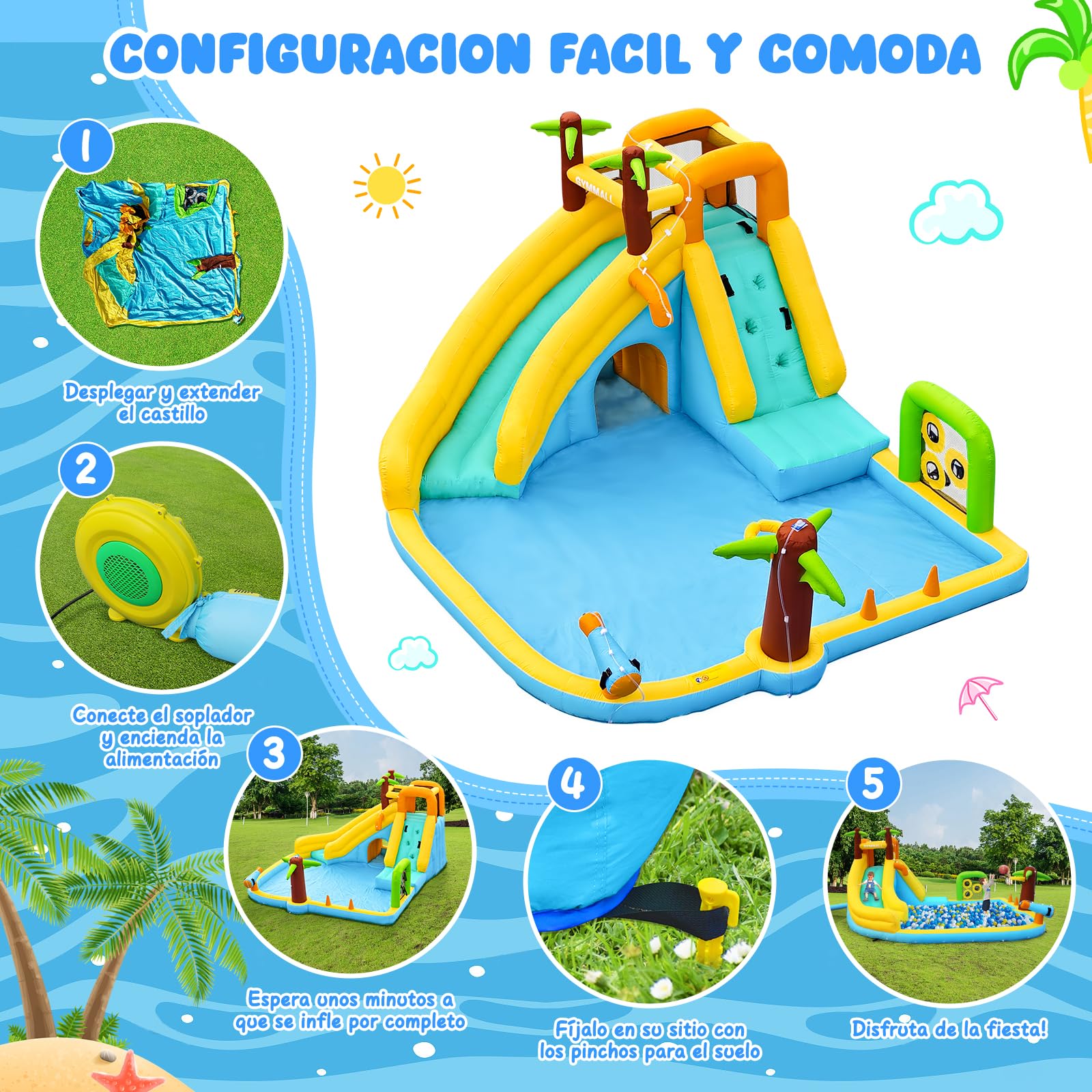 Tobogán Inflable de Agua con Ventilador 450W - Castillo Hinchable 10-en-1 para Niños en Interior y Exterior con Piscina, Aspersores y Tobogán Largo