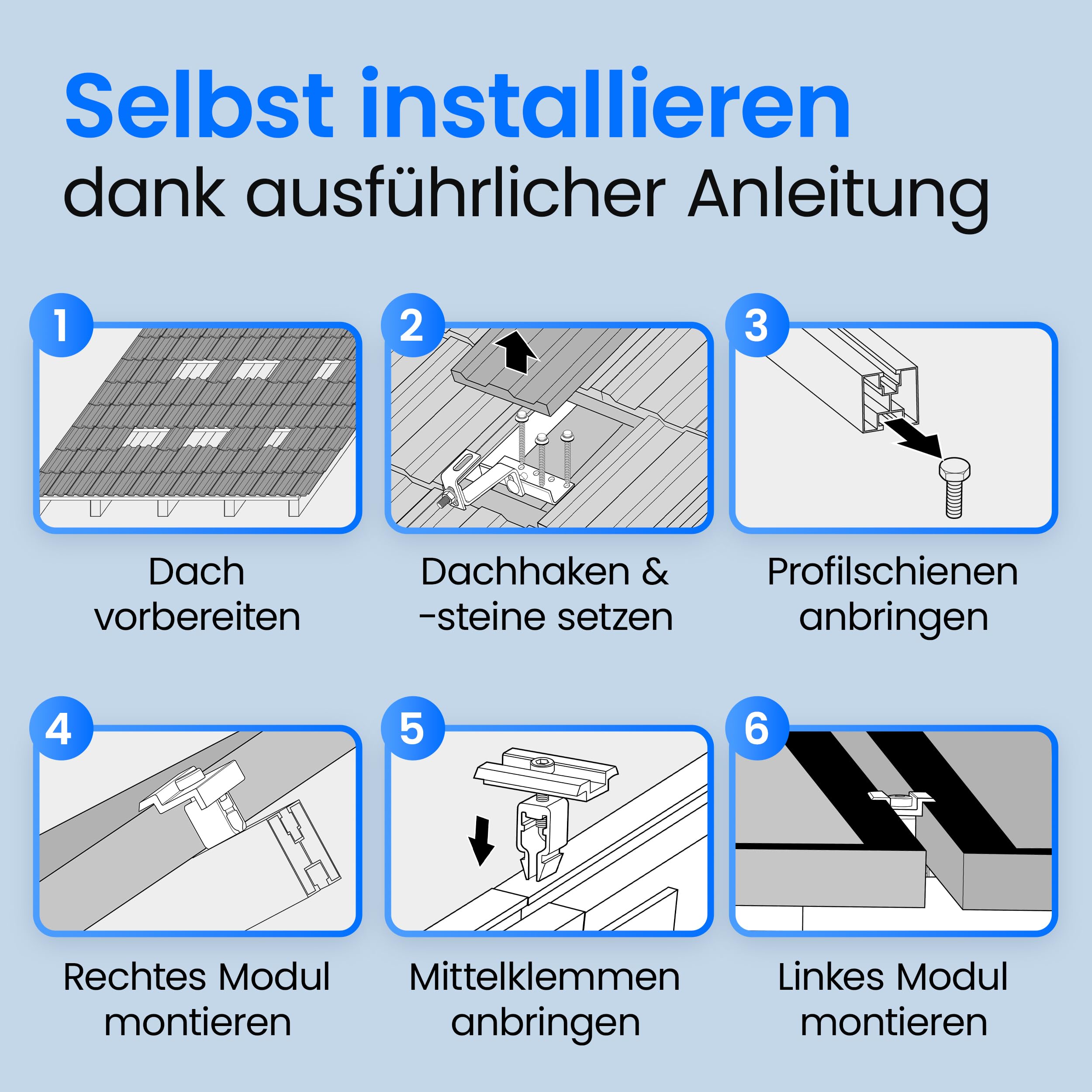 LIVING TEC® Halterung Balkonkraftwerk für Ziegeldach Komplettset - PV Modul Halterung mit Montageanleitung - Befestigung Solarmodul TÜV zertifiziert mit Dachhaken, Montageschiene & Klemme - Solarmodul