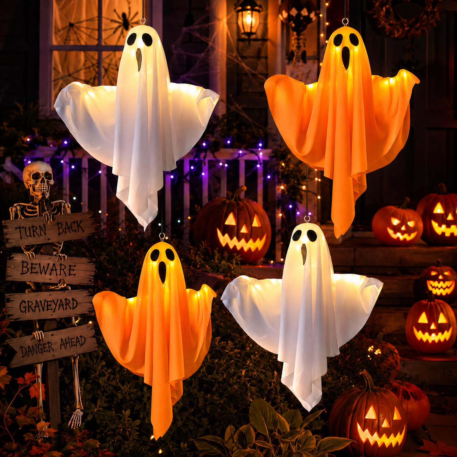 Mepham Halloween Ghost Decorations 4 Pack, Hanging Light Up Ghosts with LED Lights, Battery Operated Halloween Decor for Indoor Outdoor Window Porch Tree Garden Yard Party, 2 White & 2 Orange