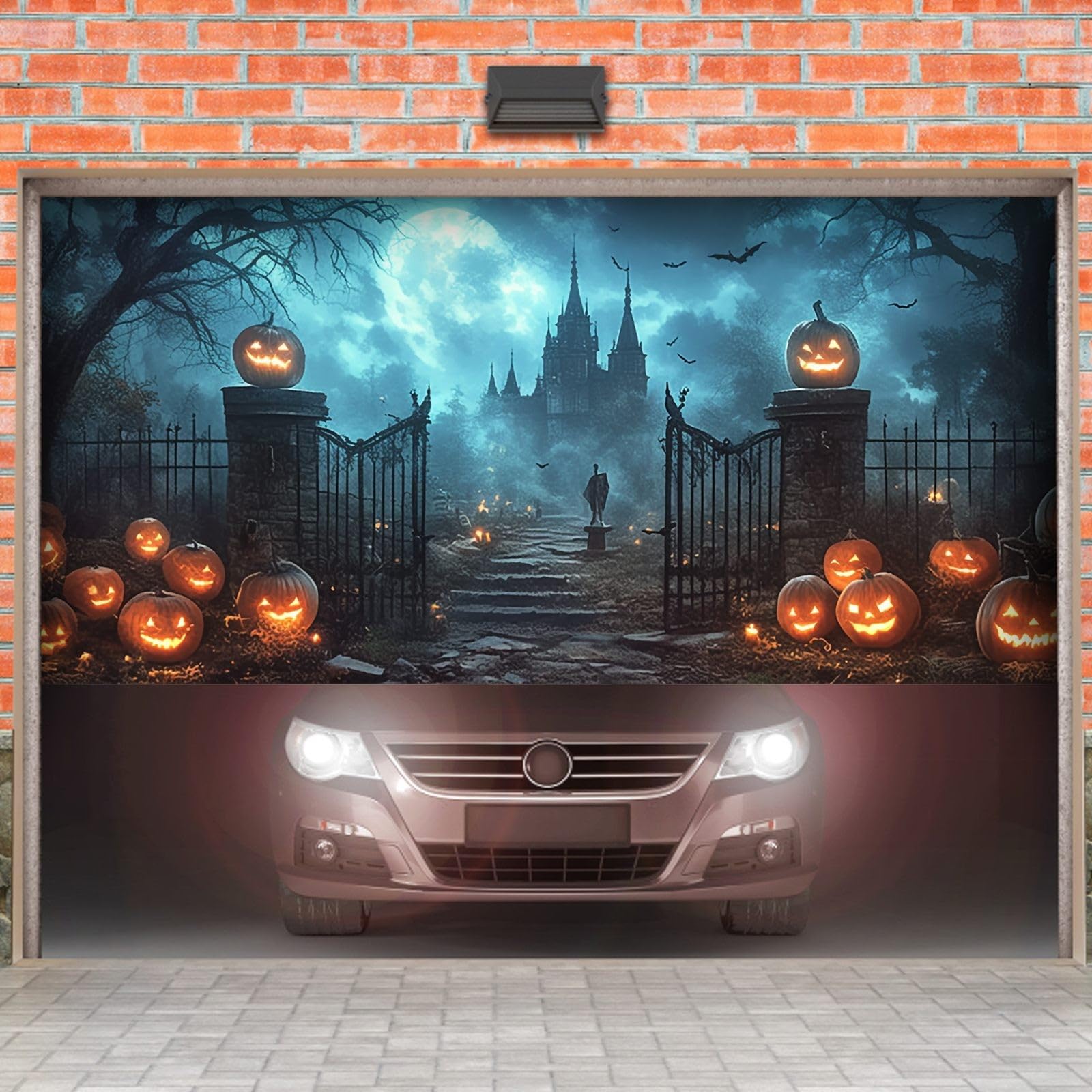 Letreros de Halloween para puerta de garaje, grande, para entrada delantera, diseño de murciélagos y calabazas, fiesta festiva