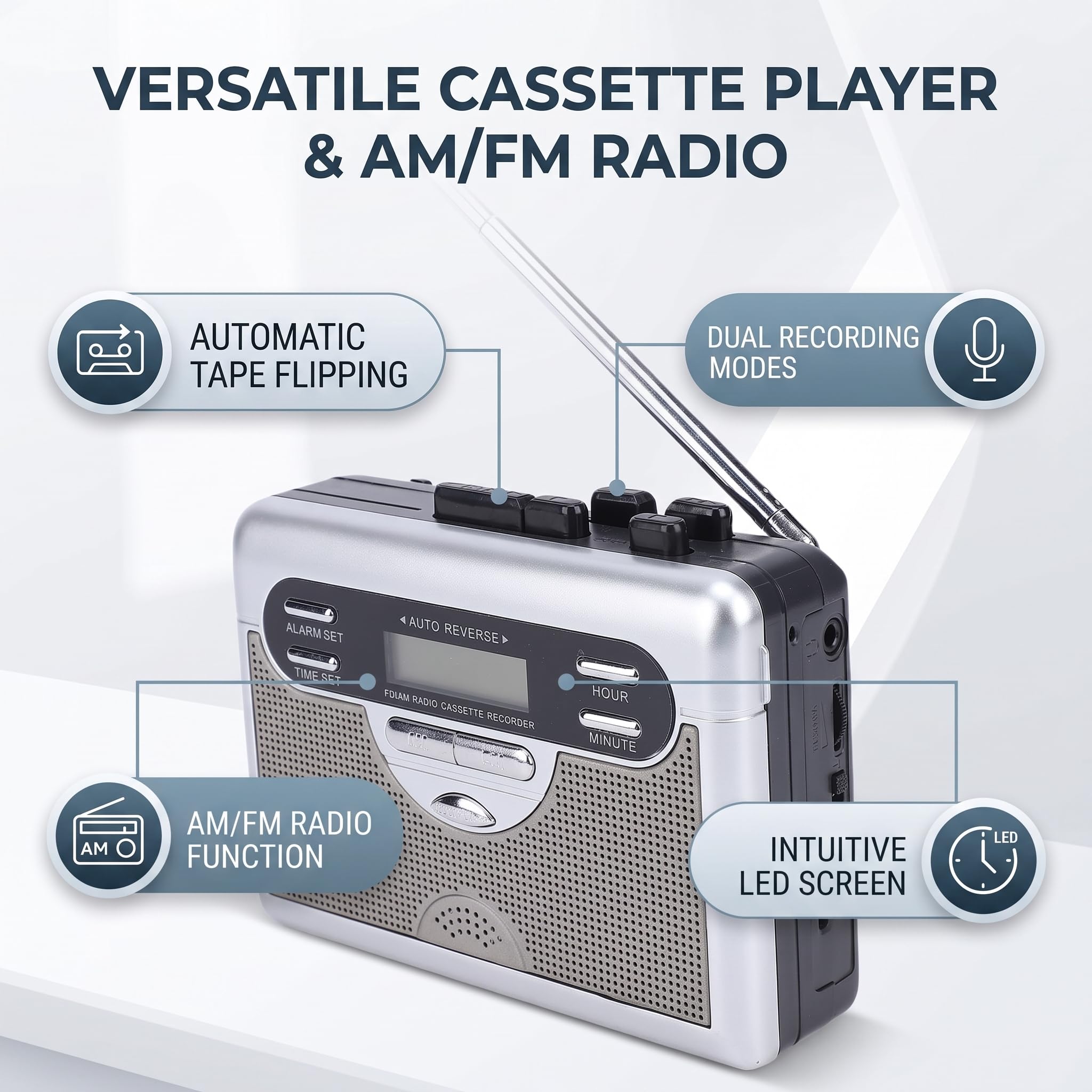 Luocute Odtwarzacz Kasetowy, Radio AM FM, Retro Odtwarzacz Kasetowy, Magnetofon z funkcją Szybkiego Przewijania do Przodu, Automatycznym Odtwarzaniem w Pętli do Tyłu, Wbudowany Głośnik