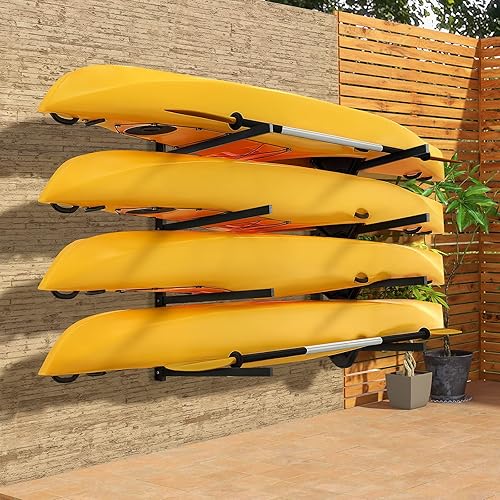 Miniatura 7 de Unionline Estante de pared para 4 kayaks, resistente para garaje y almacenamiento al aire libre, estante de almacenamiento montado en la pared para