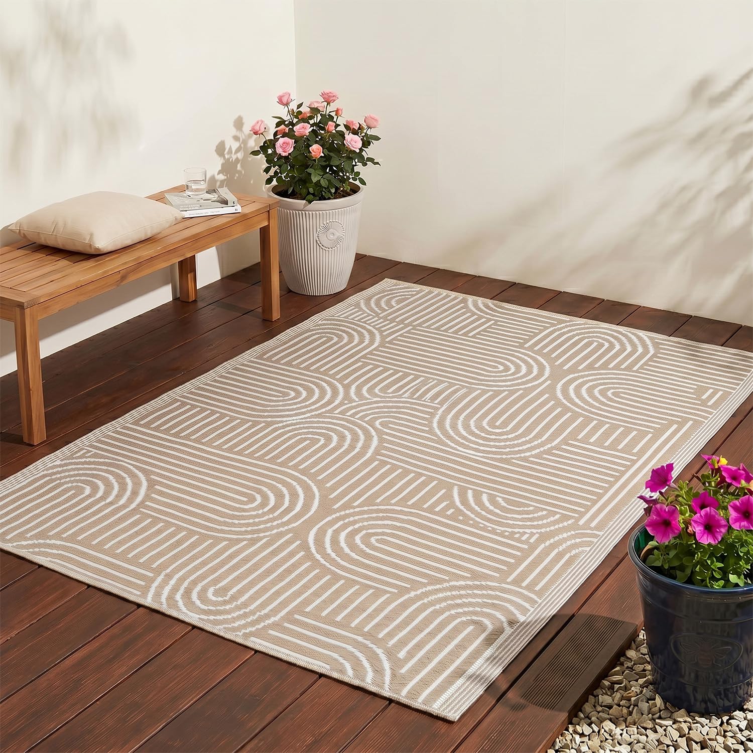 JSH Classic Pattern Outdoor Floor Rugs | Woven Wool-Look Anti-Slip Plastic Garden Mat | Various Designs Leaf Nature Zig-Zag Hard Wearing Heavy Duty | Decking Patio Conservatory Kitchen (Beige Arch)