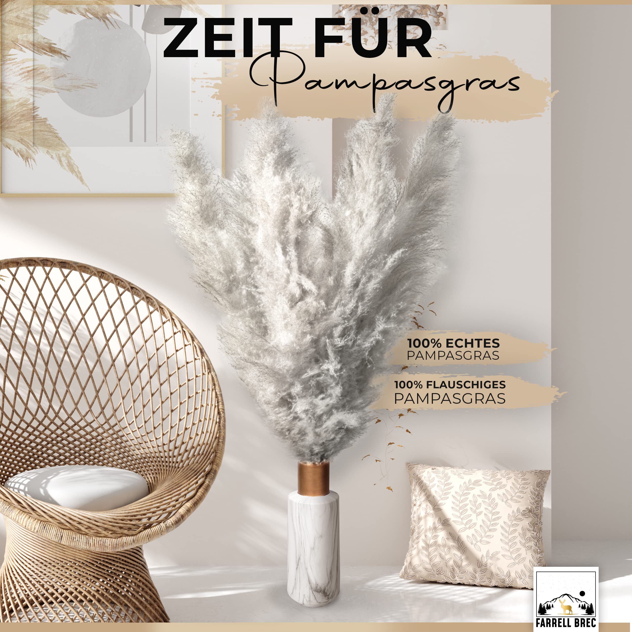 Birkental Pampasgras getrocknet XXL ( DAS ORIGINAL ) - 10 Stück - Pampasgras Deko groß 115 - 120 cm, Trockenblumen Deko , extra fluffig , Boho Wohnzimmer Schlafzimmer Vase Trockenblumenstrauß Vintage