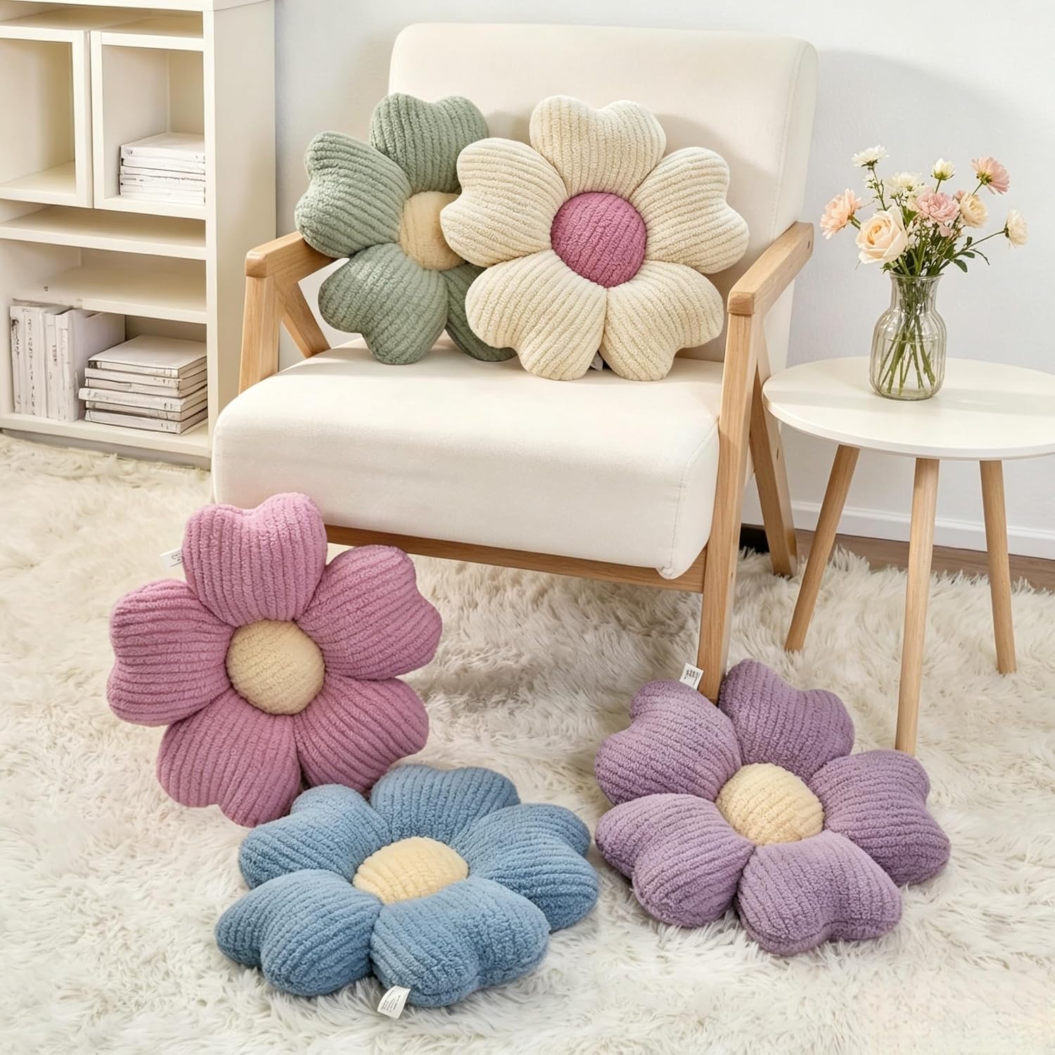2Pcs Flower Pillow Cute Green Decorative Throw Pillows for Bed Couch | 15 Inch, Sage Green & Ivory, Soft and Comfortable, Small, Floor Seating Cushion,for Bed Bedroom Dorm Sofa Living Room Decor