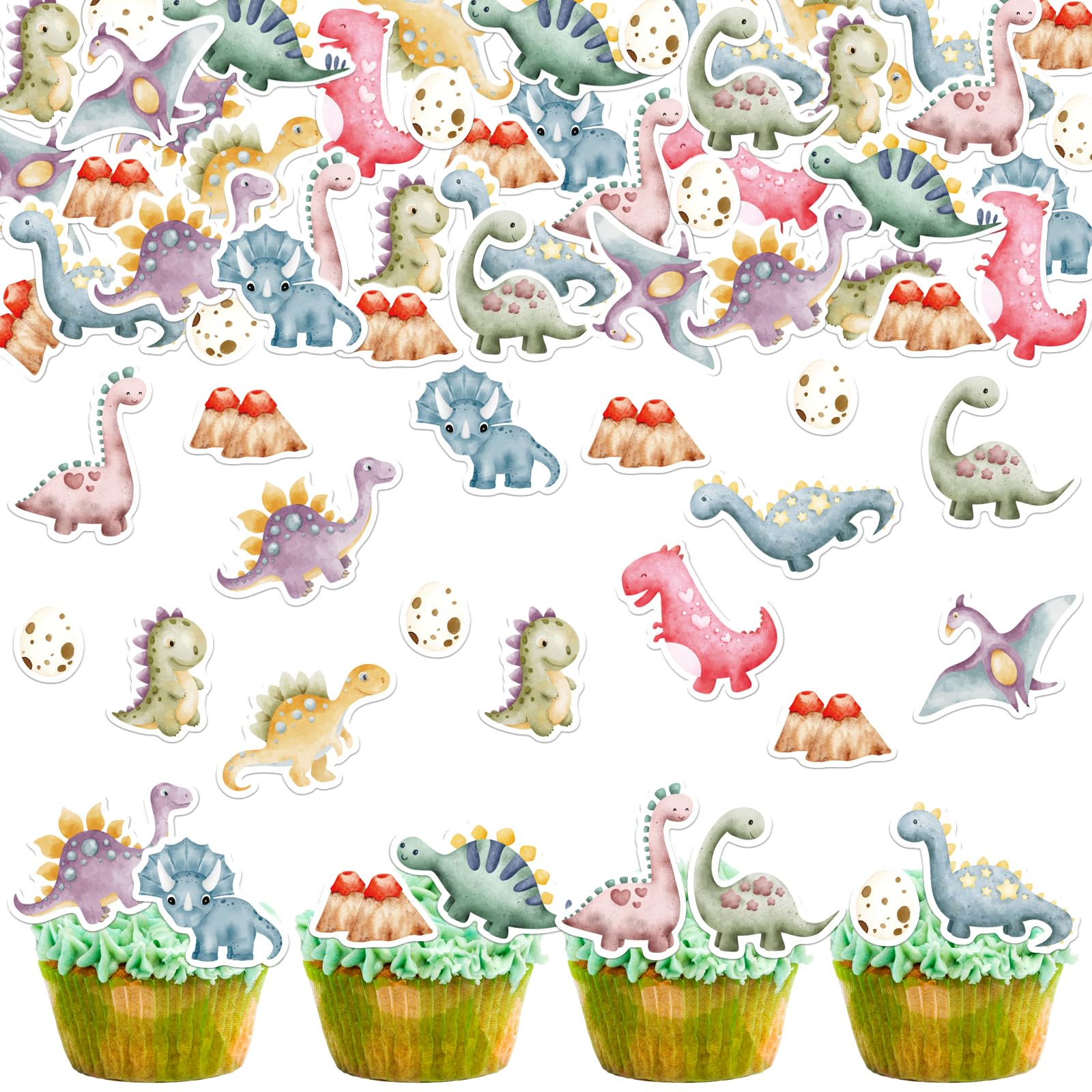 Fyeoxle 38PCS Edible Dinosaur Cupcake Toppers Wafer Paper Dinosaur Cake Decorations for Roar Dino Theme Baby Shower Kids Birthday Party Decor Supplies