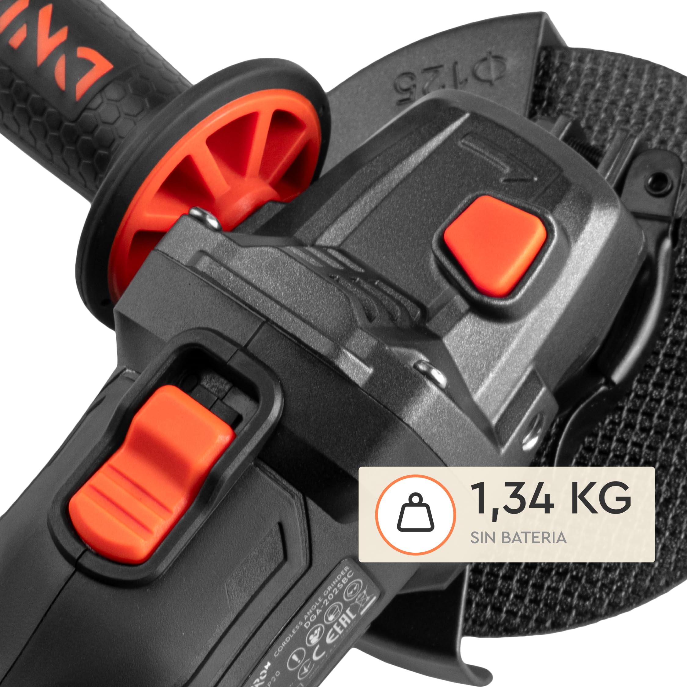 Amoladora Angular Inalámbrica DGA-202SBC 20V Brushless - Radial 125 mm con 6 Velocidades hasta 9.000 rpm, M14, Arranque Suave, Incluye Batería 6Ah y Cargador para Corte y Desbaste - por Dnipro-M