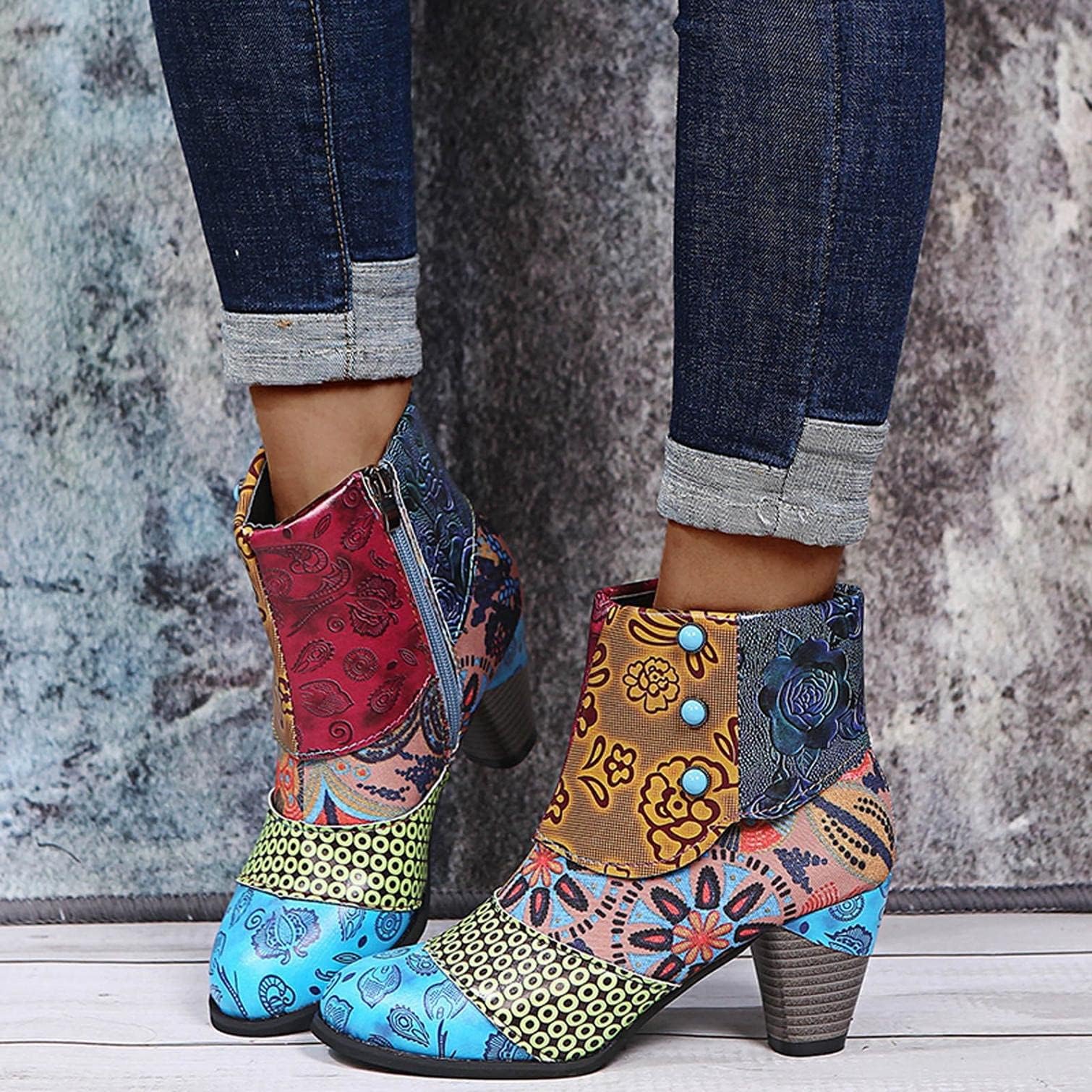 Boho Boots For Women Trendy Colorful Snake Leather Round Toe Pump Ankle Booties Bohemian Shoes Trendy Chunky High