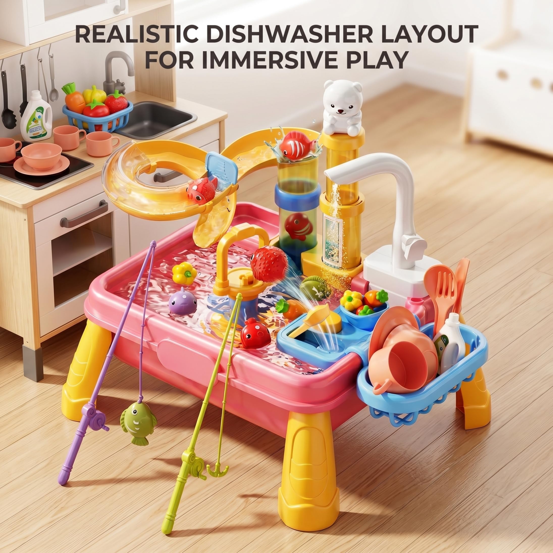 Lavandino da gioco con acqua corrente, Tavolo da acqua per bambini 7 in 1 con giocattolo da pesca Realistico Fai finta di giocare a Circolazione automatica del giocattolo della cucina per le ragazz
