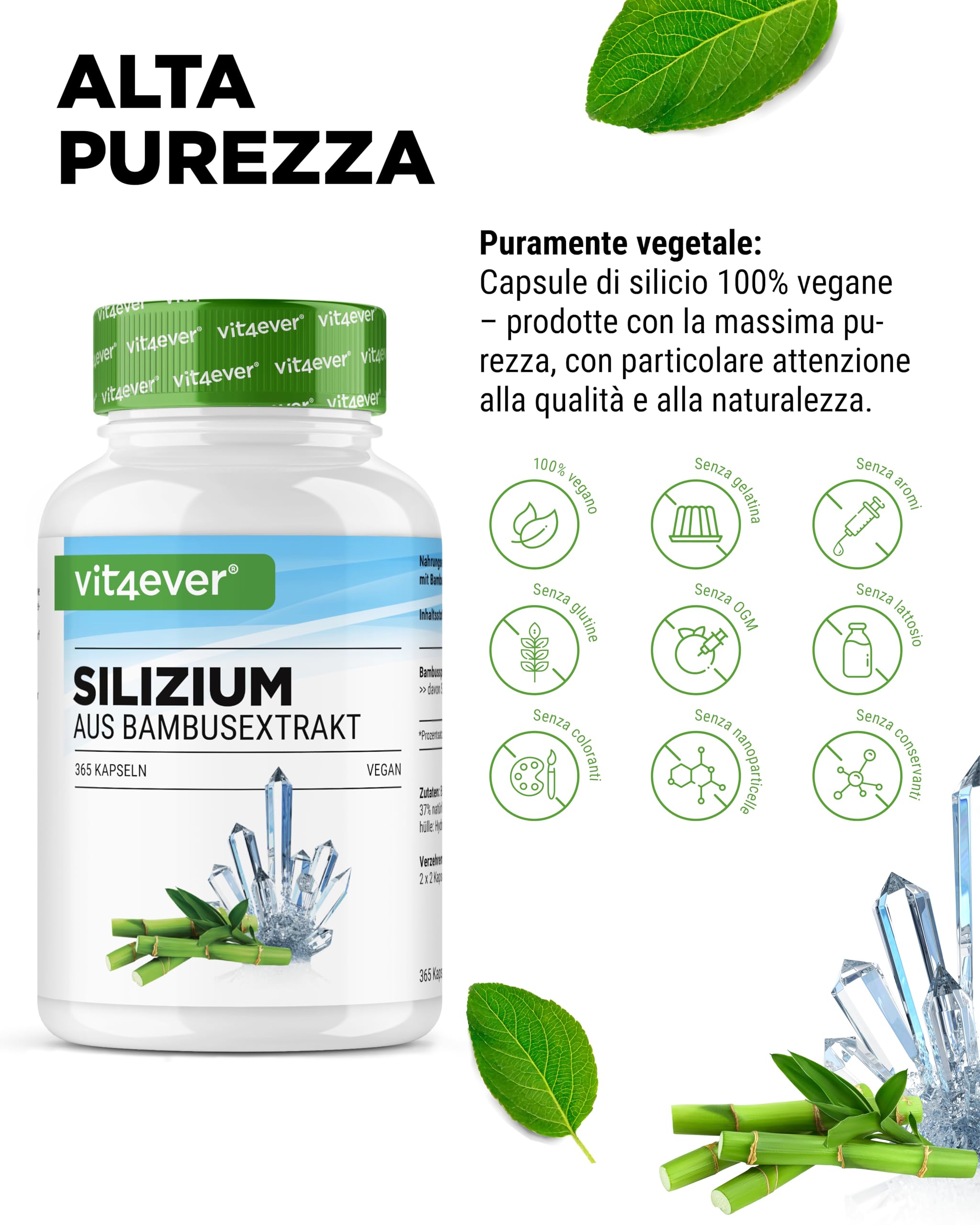 Silicio - 365 Capsule Con 500 Mg Di Silicio Organico Al Giorno - Premium: Estratto Naturale Di Bambù - Altamente Dosato - Vegan