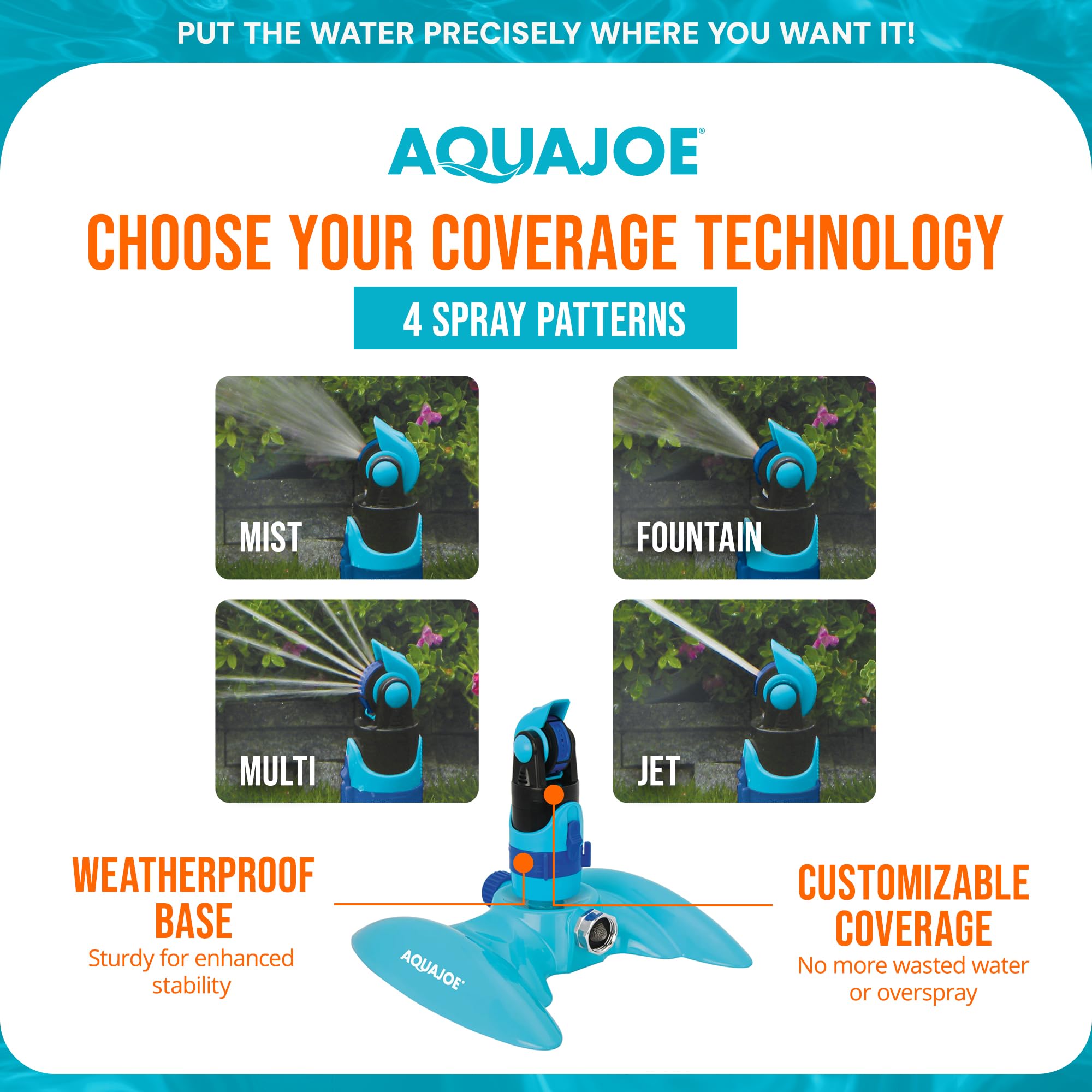 Aqua Joe AJ-MSSBM - Rociador con 4 Patrones y Base de Metal Plana para Cualquier Paisaje