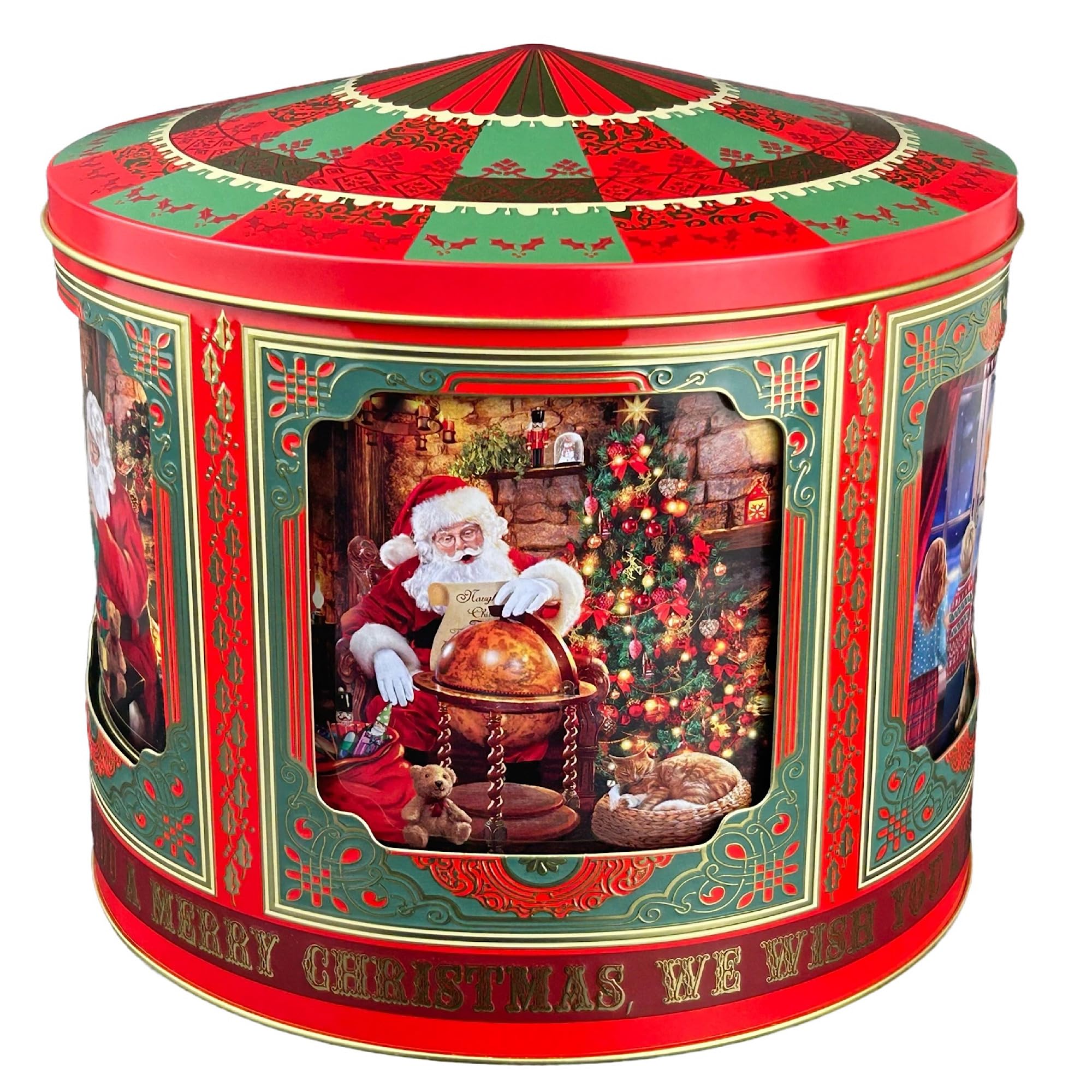 MediMuc Caja de música con diseño de carrusel de Papá Noel, lata de almacenamiento, lata para galletas, apta para alimentos, 4,8 l